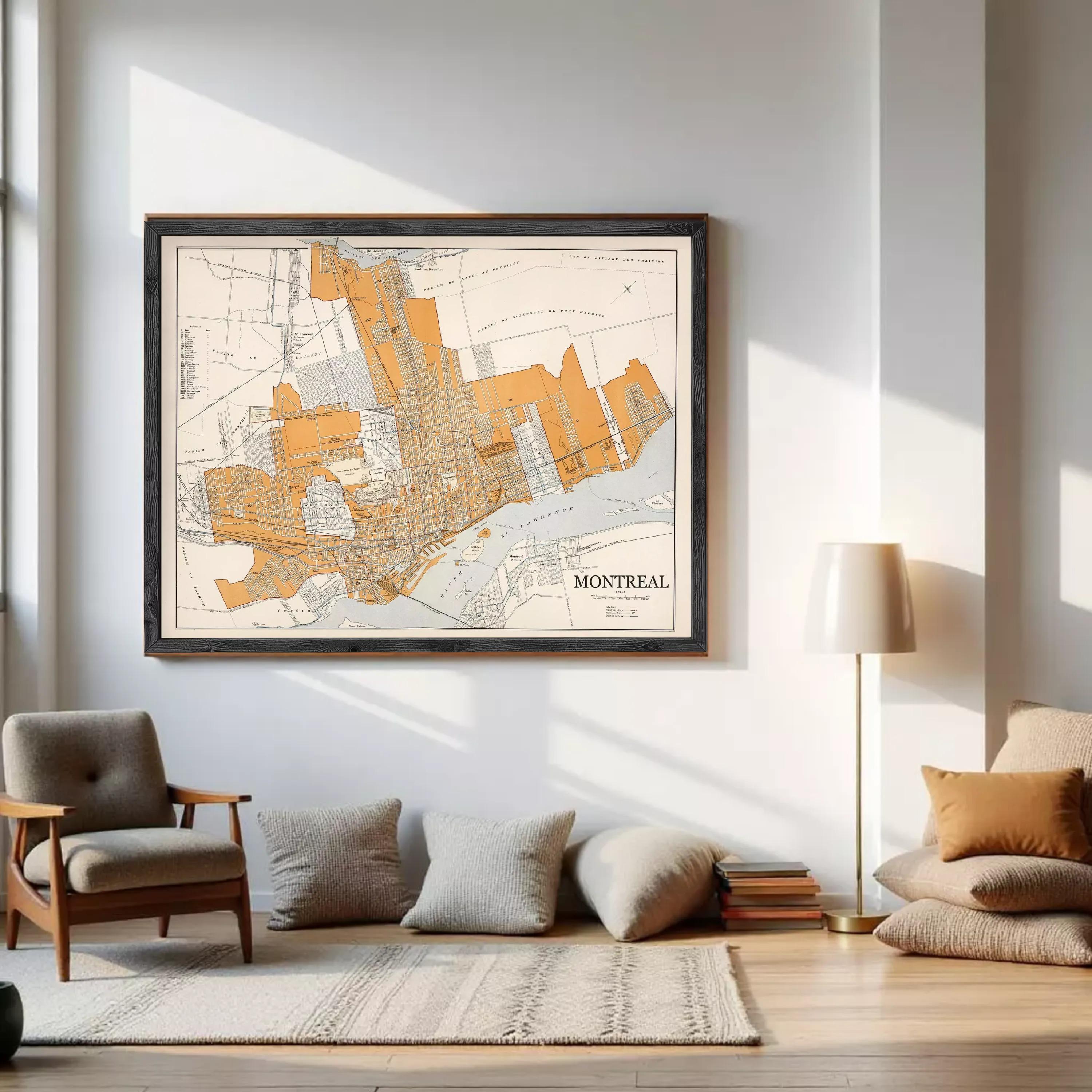 The image is a framed map of Montreal, Canada, depicting the city's streets and surrounding areas.