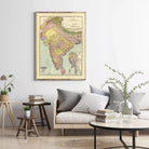 a living room with a large framed map of India hanging on the wall above a couch with pillows. The room also includes a coffee table with books and a vase with greenery.