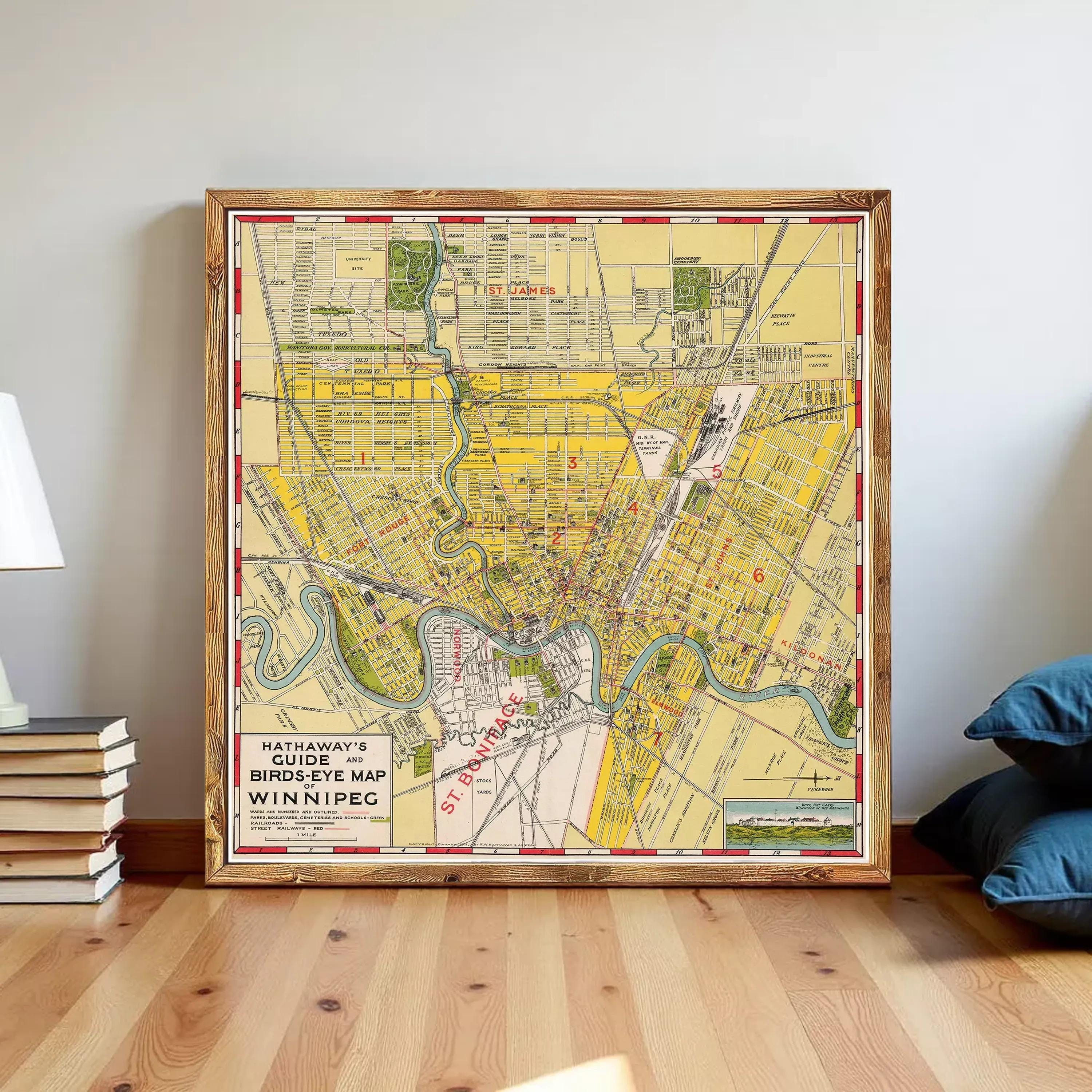 The image is a framed vintage map of the city of Winnipeg, Canada, depicting the city's streets, landmarks, and surrounding areas.