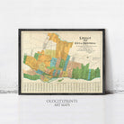 A framed vintage map of Loveland, Minnesota, with various colored sections representing different neighborhoods and areas within the city.