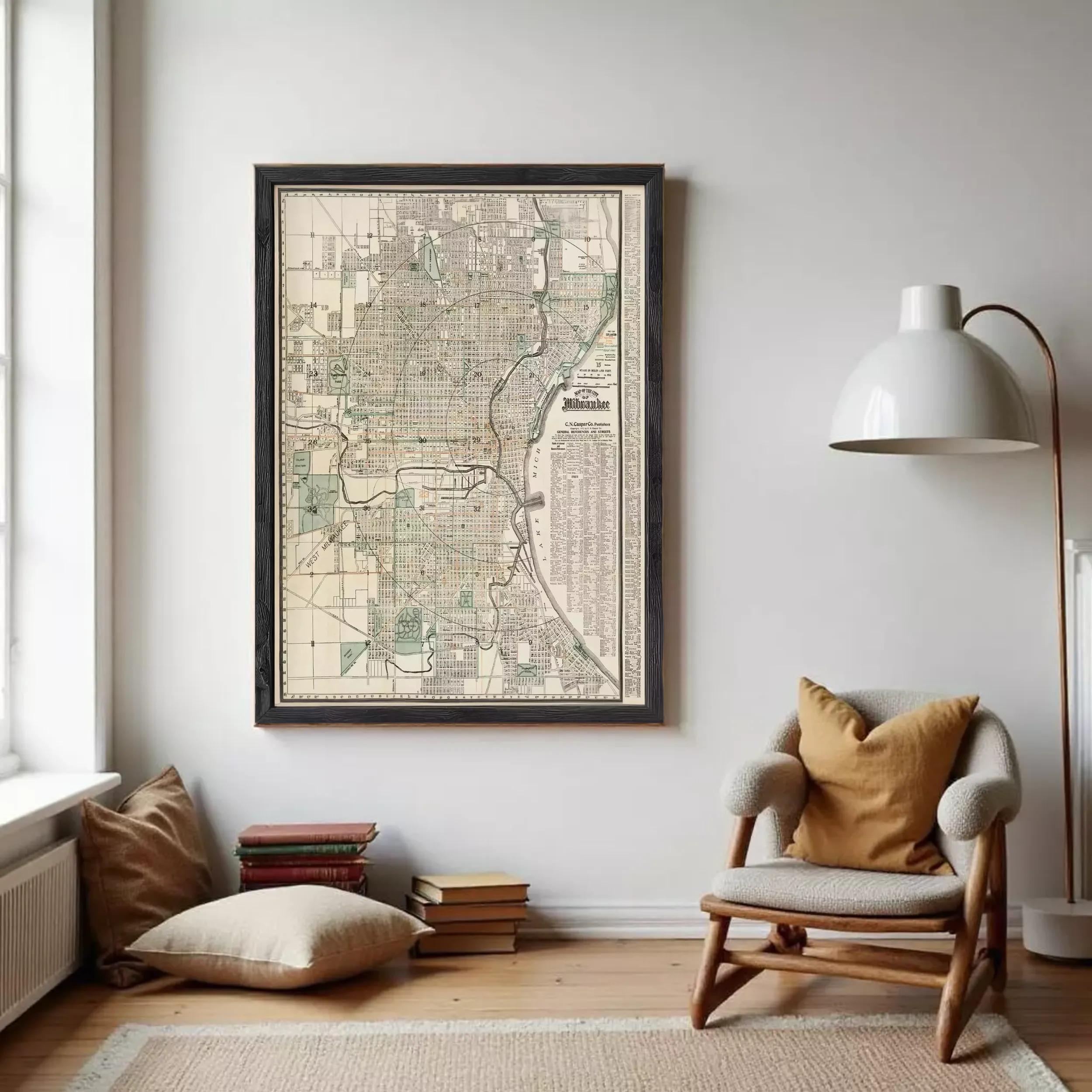 The image is a framed map of a city, likely Chicago, Illinois, with a detailed layout of streets, landmarks, and other geographic features.