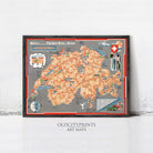 The image is a framed art map of Switzerland, featuring various landmarks and locations throughout the country.