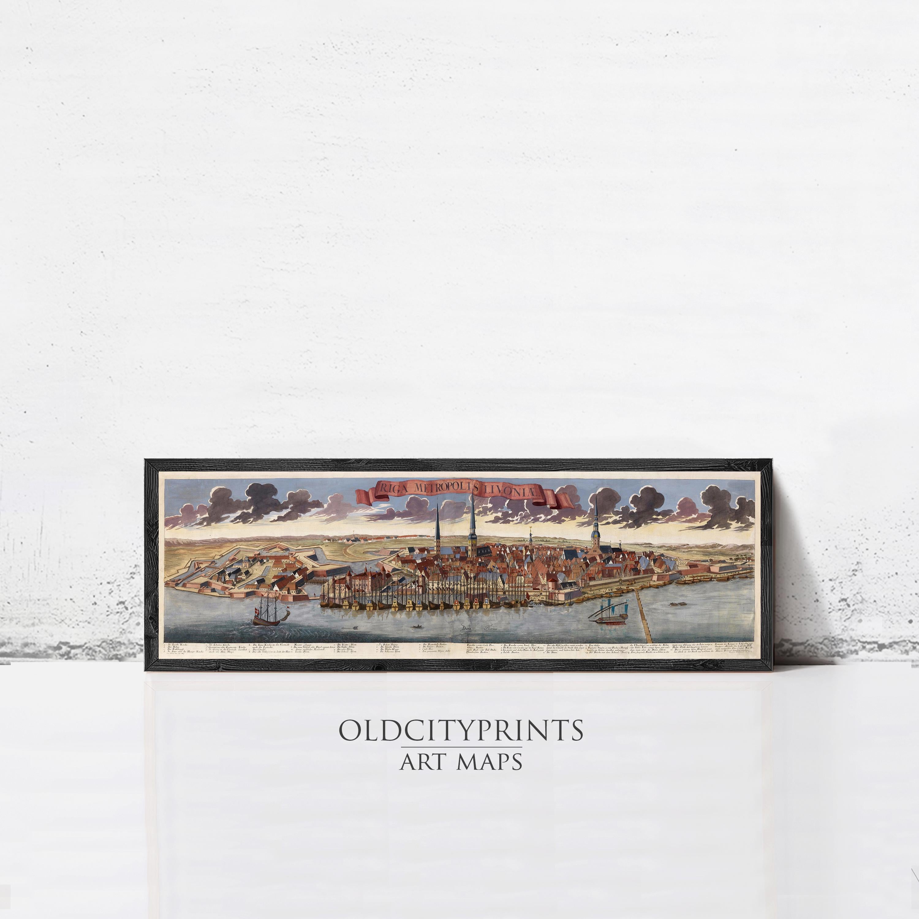 The image is a framed art print depicting a cityscape with boats and buildings, titled "OldCityprints ART MAPS".
