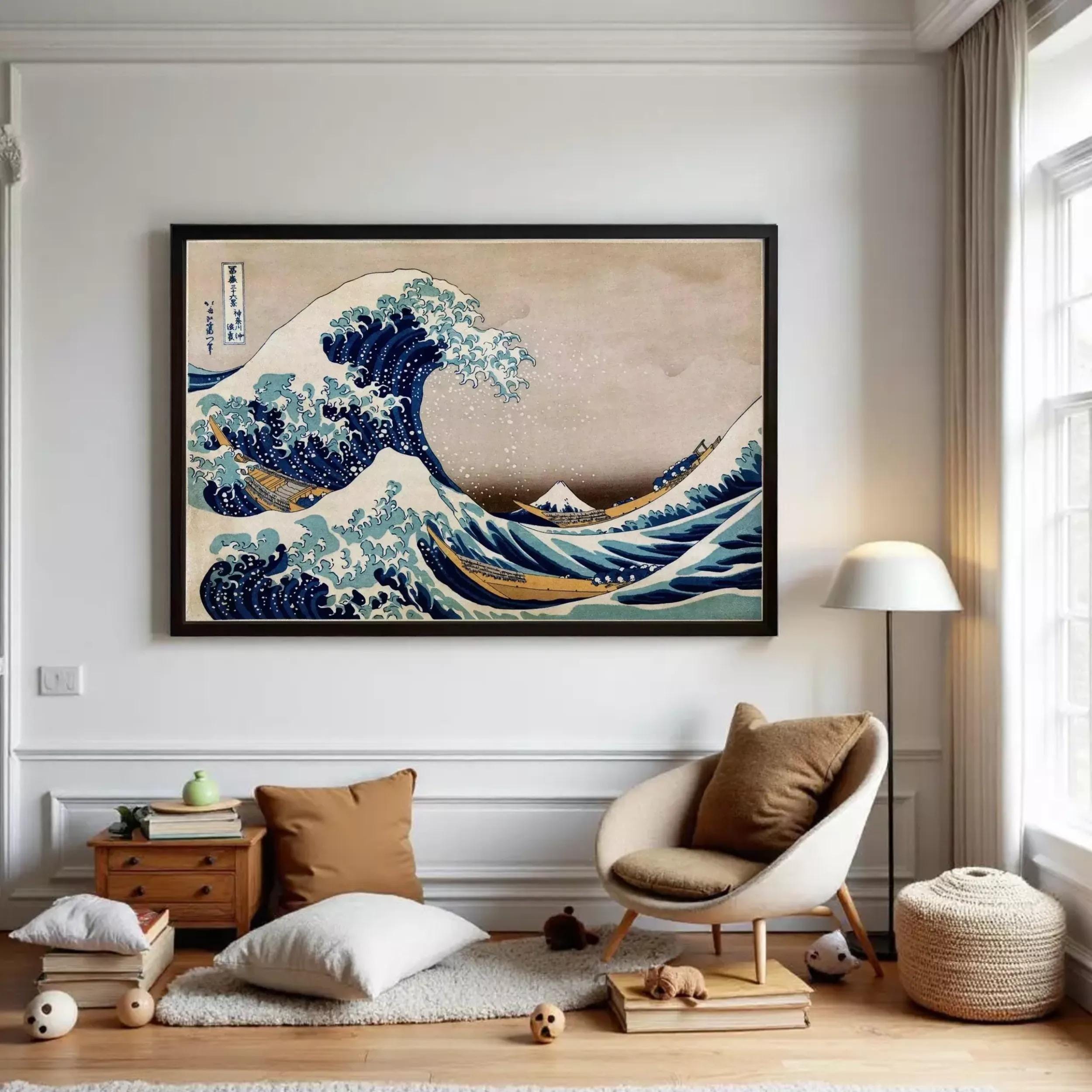The image is a framed print of the famous Japanese woodblock print "The Great Wave off Kanagawa" by the artist Hokusai. The print depicts a large, powerful wave crashing against a rocky shore, with the wave's crest towering over the surrounding landscape. The artwork is framed in a black frame and is displayed on a white wall.