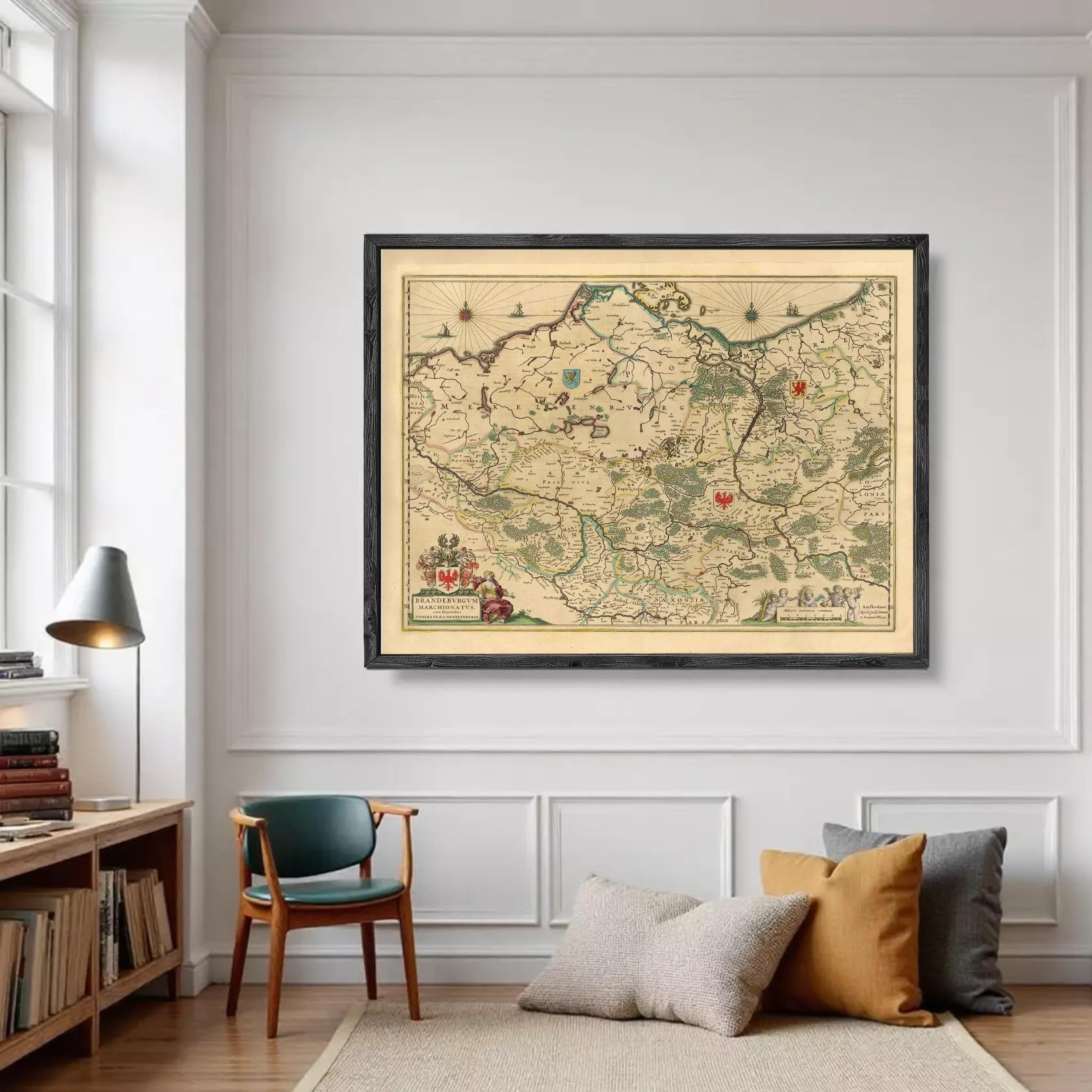 The image is a framed antique map of the region of Poland, featuring detailed geographical information and various landmarks.