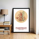 a framed poster of a map of Maastricht, Netherlands, with the text "maastricht 50,5°e" below the map.