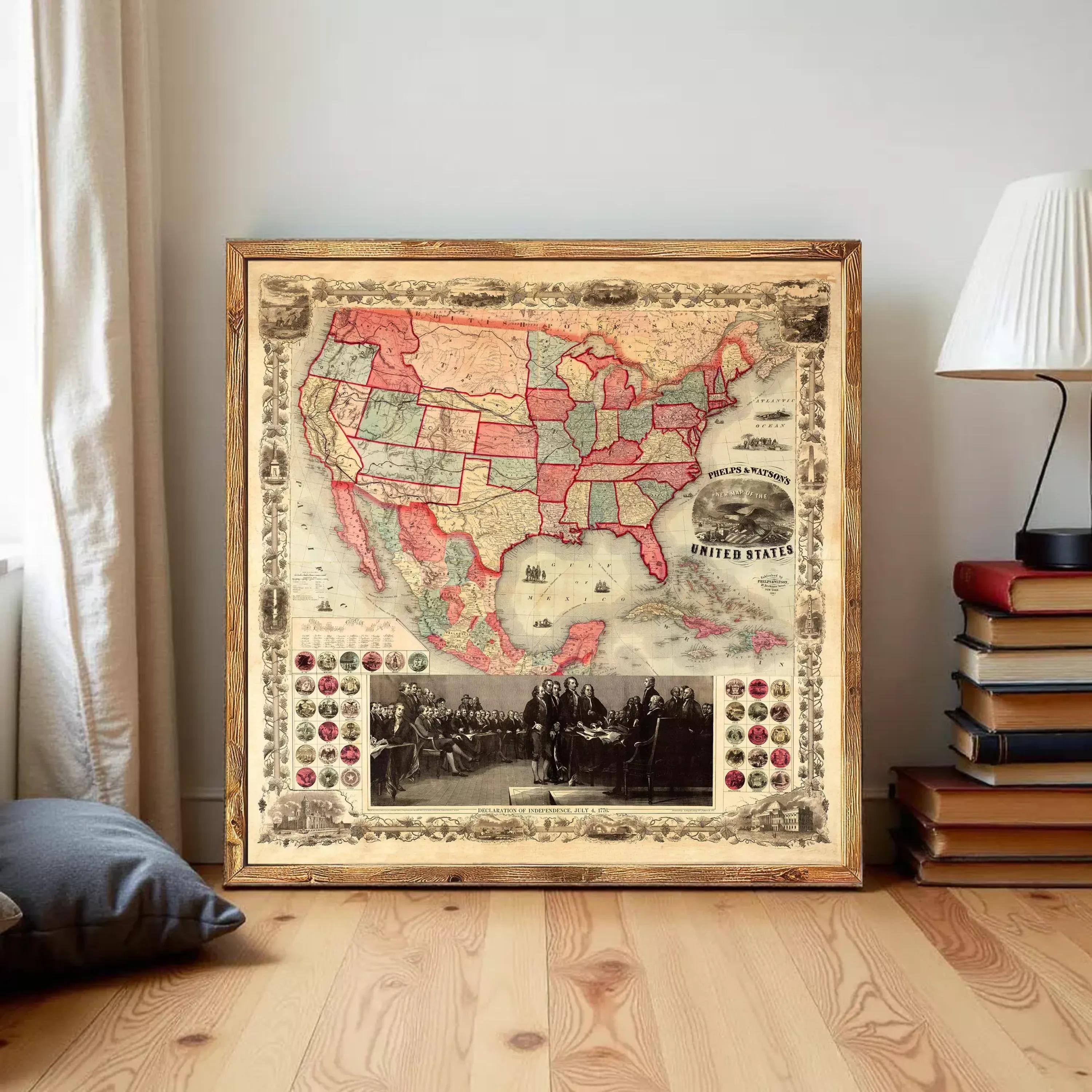 The image is a framed vintage map of the United States, with a black and white photograph of a group of people in the bottom right corner.