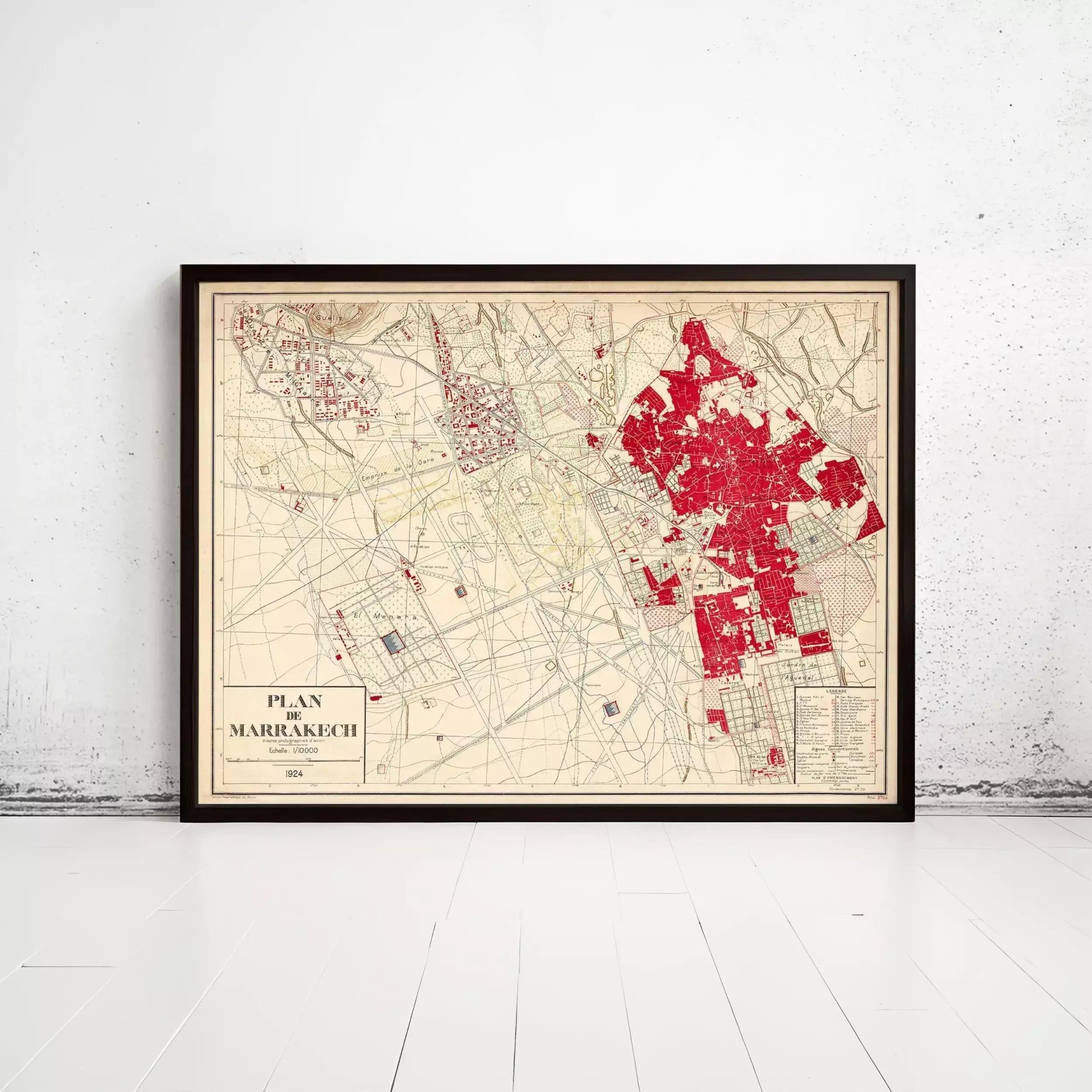 The image is a framed map of the city of Marrakech, Morocco, dated 1924.