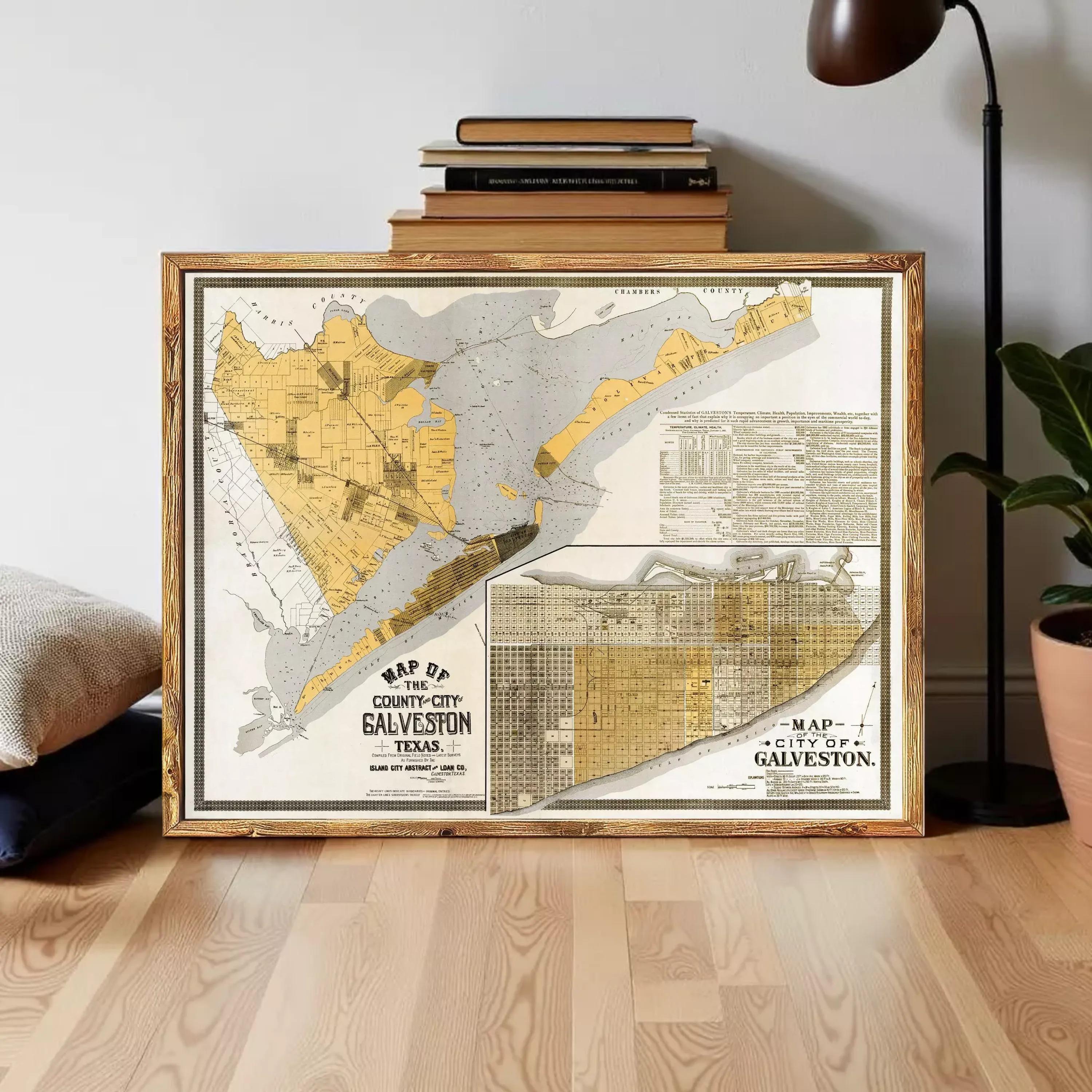 The image is a framed vintage map of Galveston, Texas, depicting the city's layout and surrounding areas.