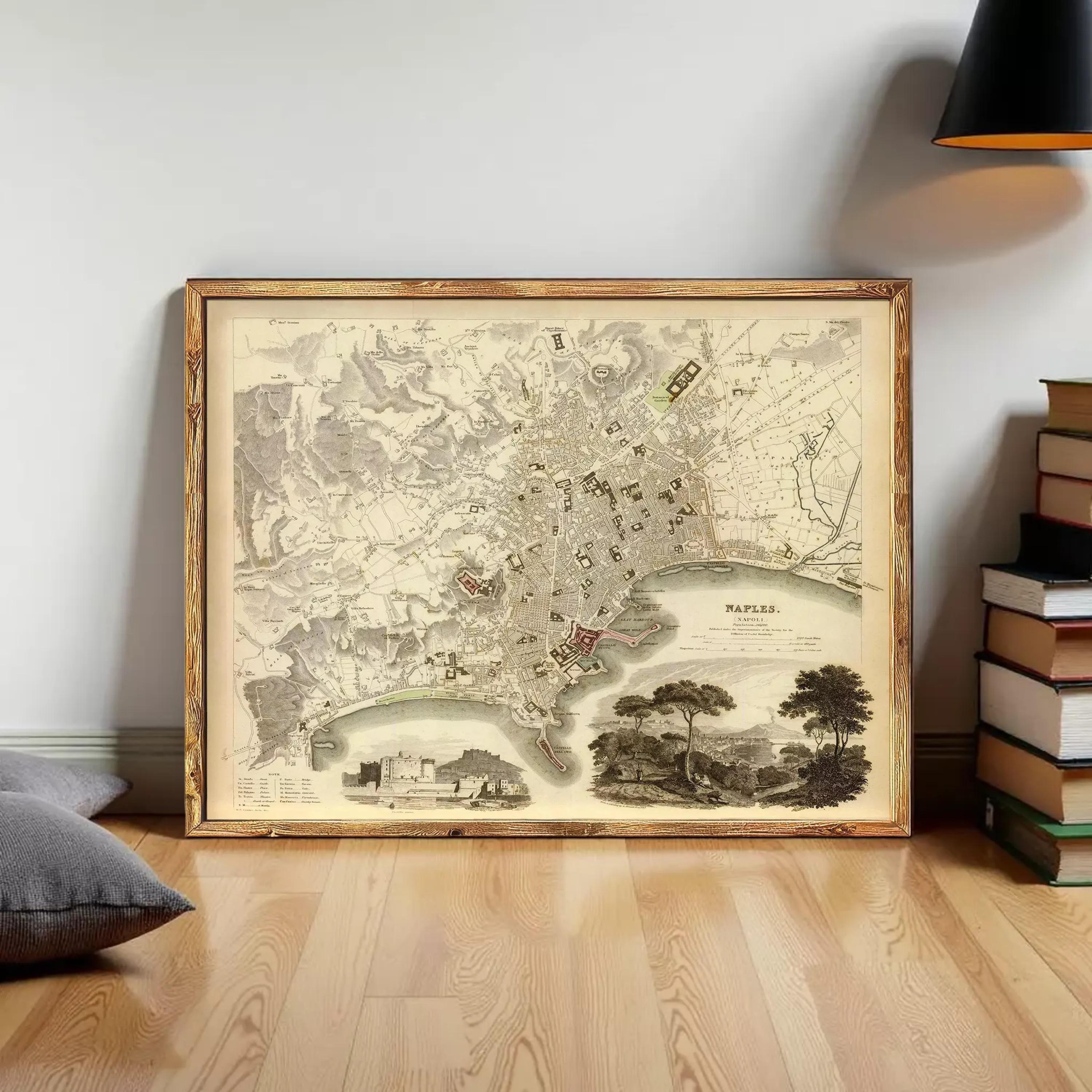 The image is a framed vintage map of Naples, Italy, depicting the city's layout and surrounding areas.