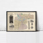 The image is a framed vintage map of a city, likely from the early 20th century, depicting various buildings and streets.