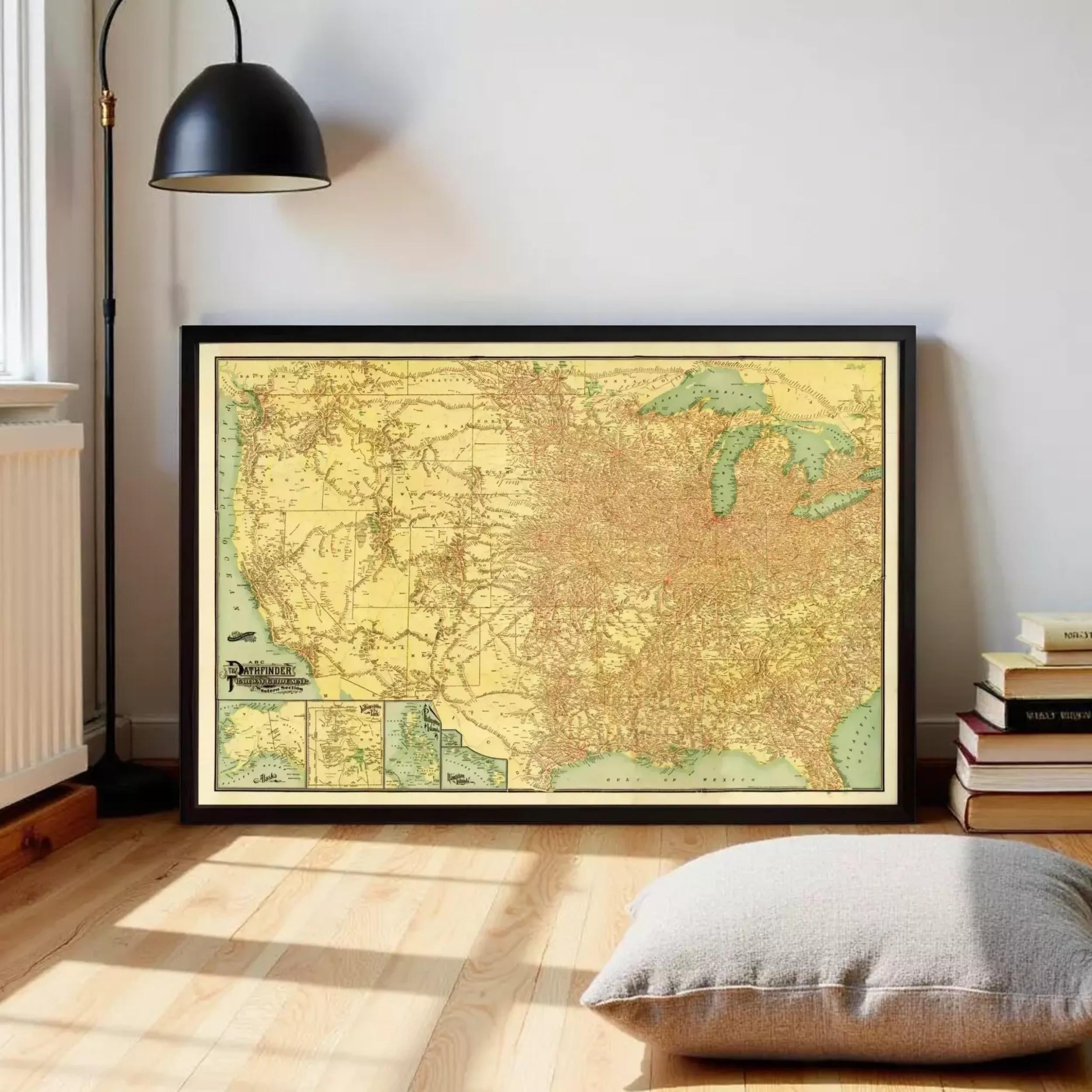 The image is a framed vintage map of the United States, depicting the country's geographical layout and major cities.