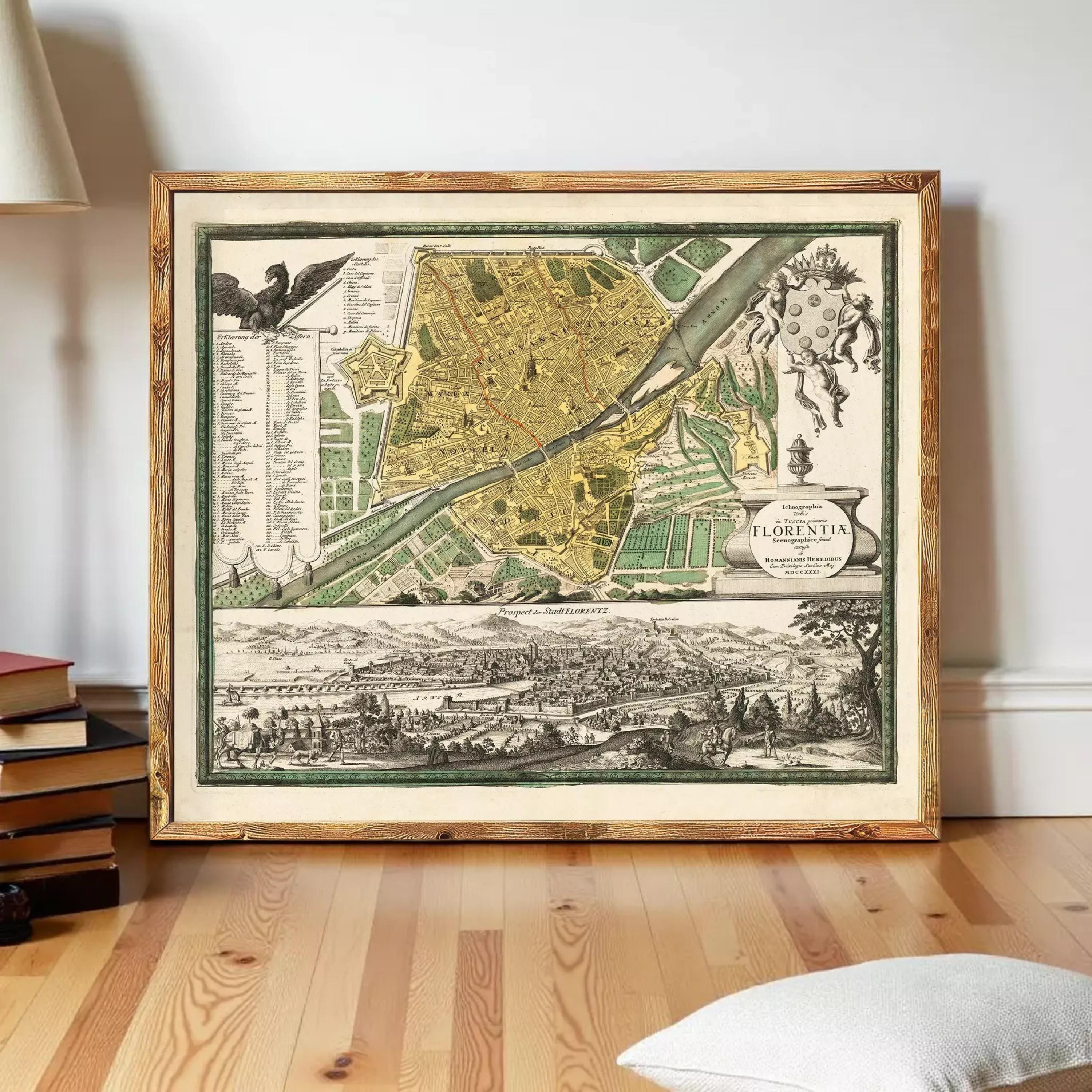 The image is a framed antique map of Florence, Italy, depicting the city and surrounding areas.