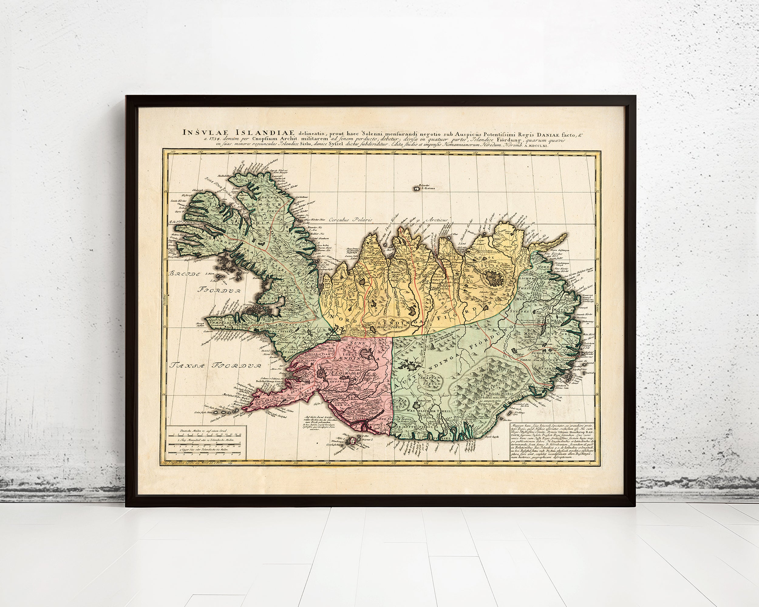 The image is a framed vintage map of Iceland, depicting the country's geographical layout and surrounding areas.