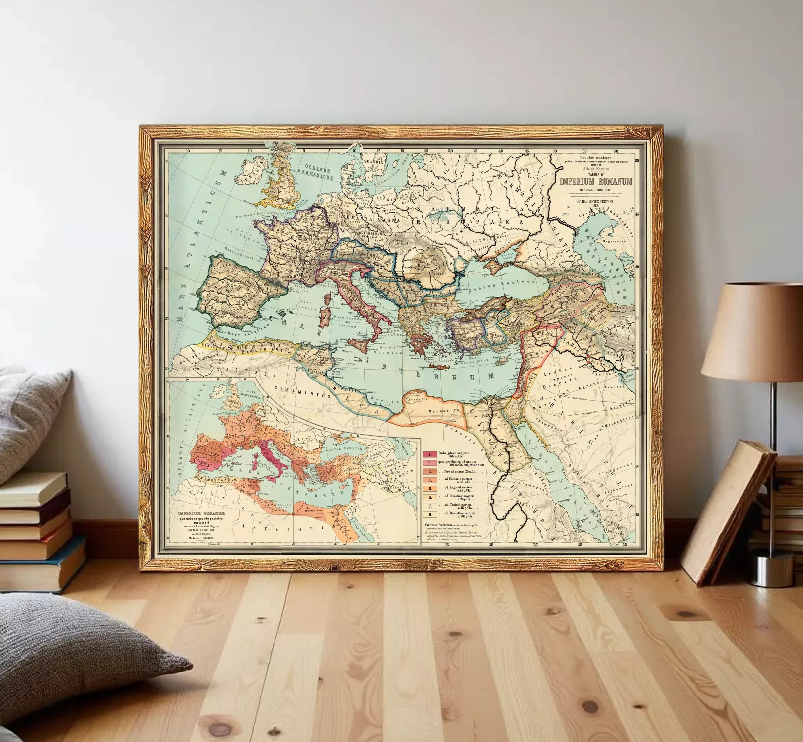 The image is a framed vintage map of Europe and the Middle East, depicting the Roman Empire and the Byzantine Empire.
