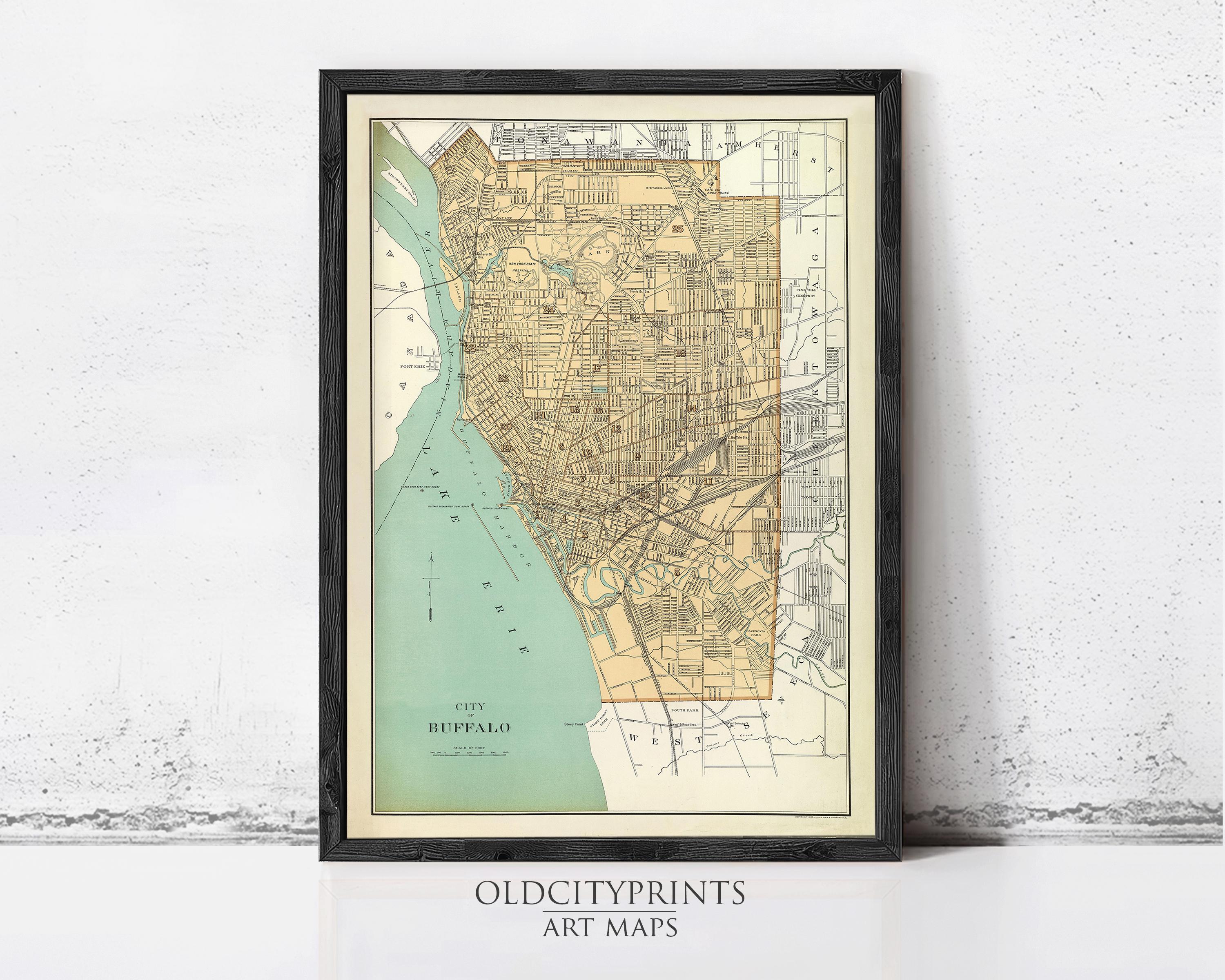 The image is a framed vintage map of Buffalo, New York, depicting the city's layout and surrounding areas.