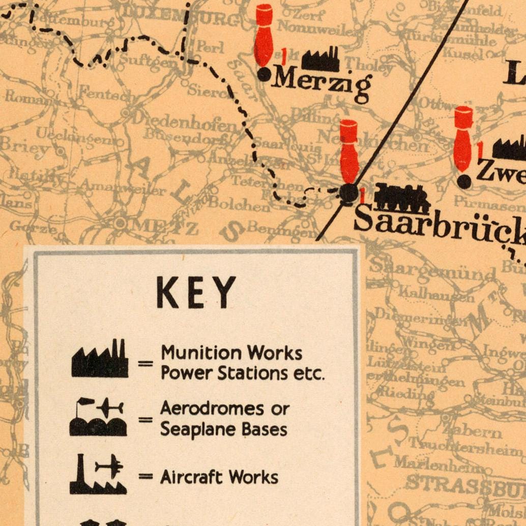 The image is a map showing the locations of various industries, including Munition Works, Power Stations, Aerodromes or Seaplane Bases, and Aircraft Works.