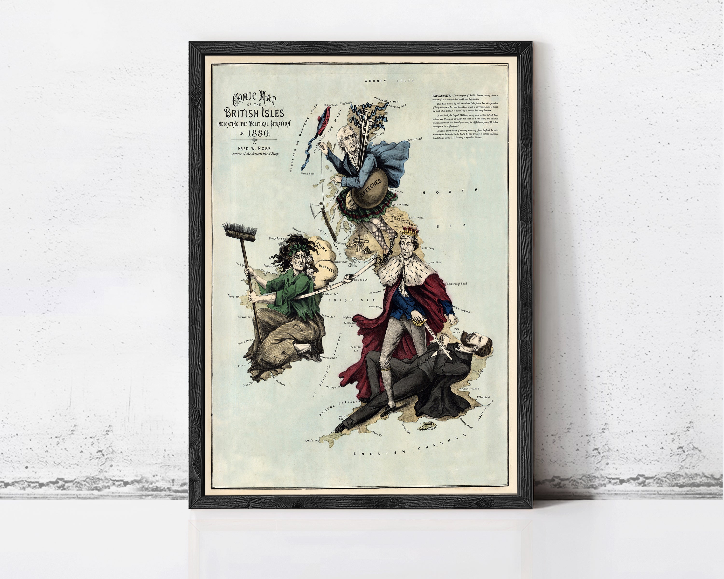 The image is a framed vintage map depicting a scene with various characters, including a man in a suit, a woman in a dress, and a man in a suit holding a flag. The map appears to be from the 19th century, and the text includes the words "British Isles" and "1850".