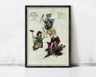 The image is a framed vintage map depicting a scene with various characters, including a man in a suit, a woman in a dress, and a man in a suit holding a flag. The map appears to be from the 19th century, and the text includes the words "British Isles" and "1850".