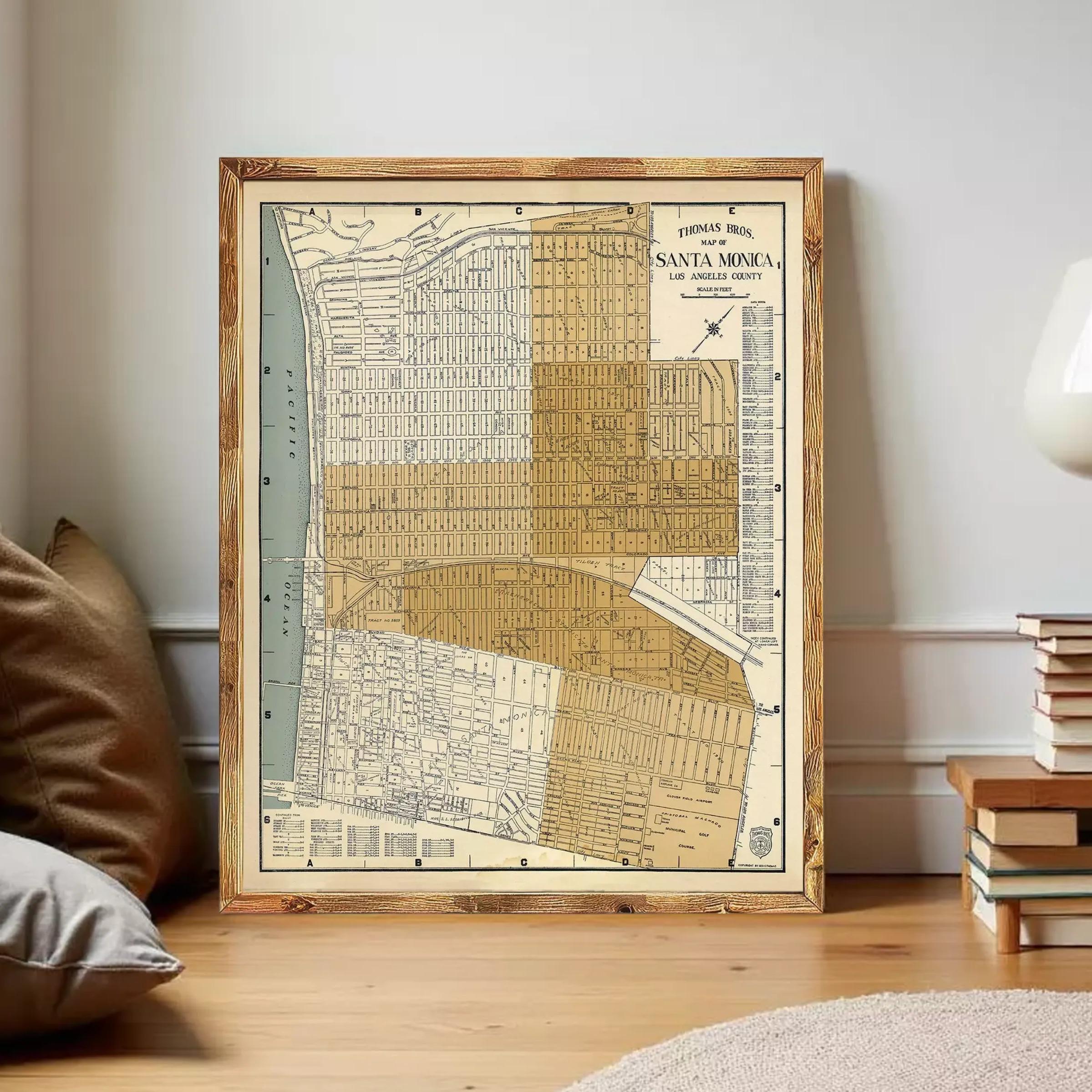 A framed map of Santa Monica, Los Angeles County, California, depicting the city's layout and surrounding areas.