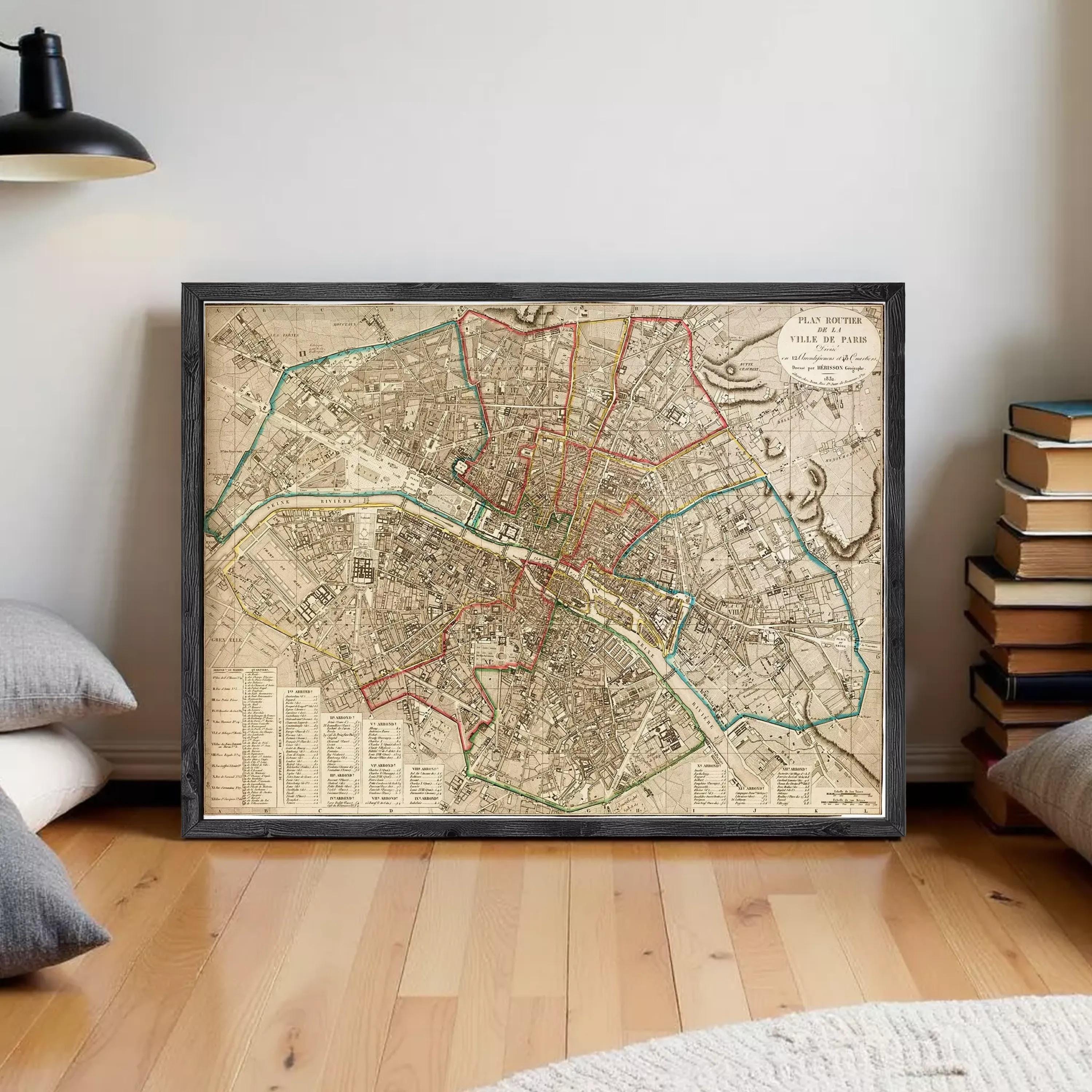 The image is a framed vintage map of Paris, France, depicting the city's streets and landmarks.