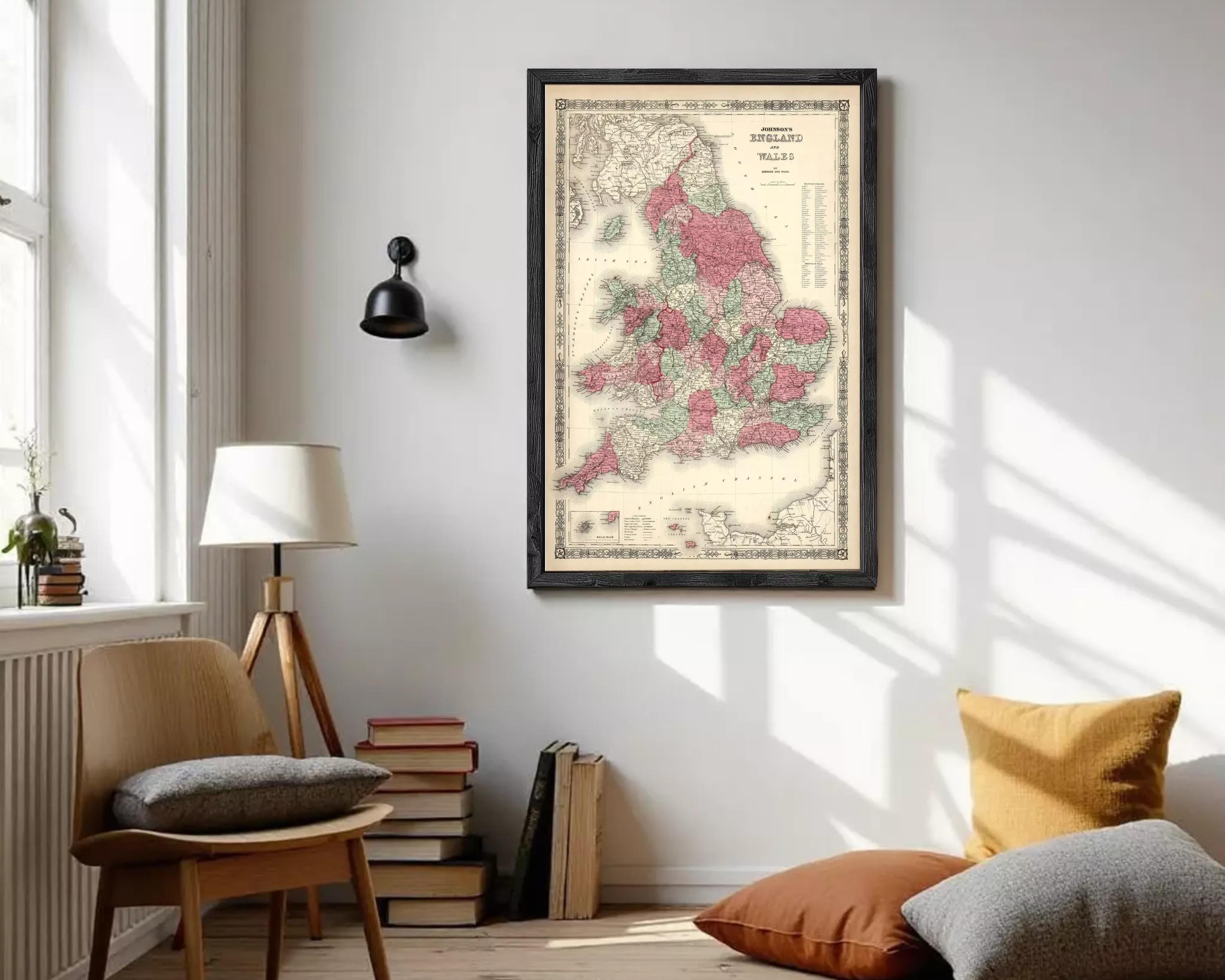 A framed map of England and Wales, depicting the country's geographical layout and boundaries.