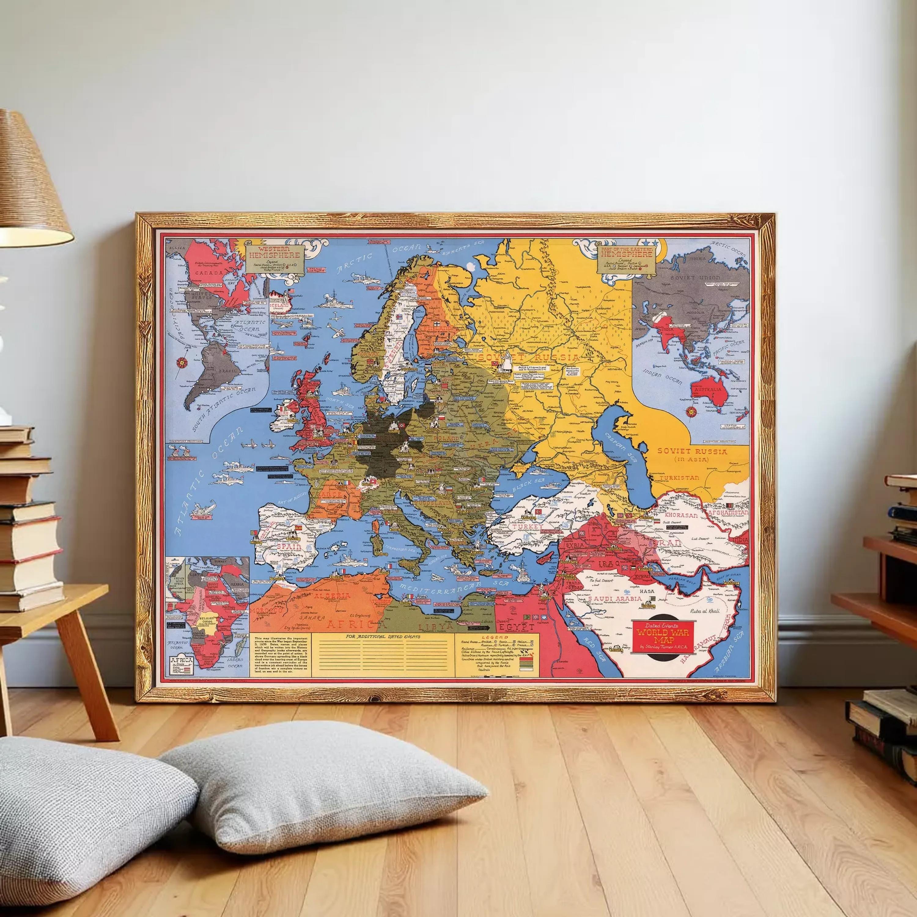 a large, colorful map of Europe and the surrounding regions, displayed on a wall in a room.