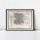 The image is a framed vintage map of Madrid, Spain, depicting the city's layout and surrounding areas.