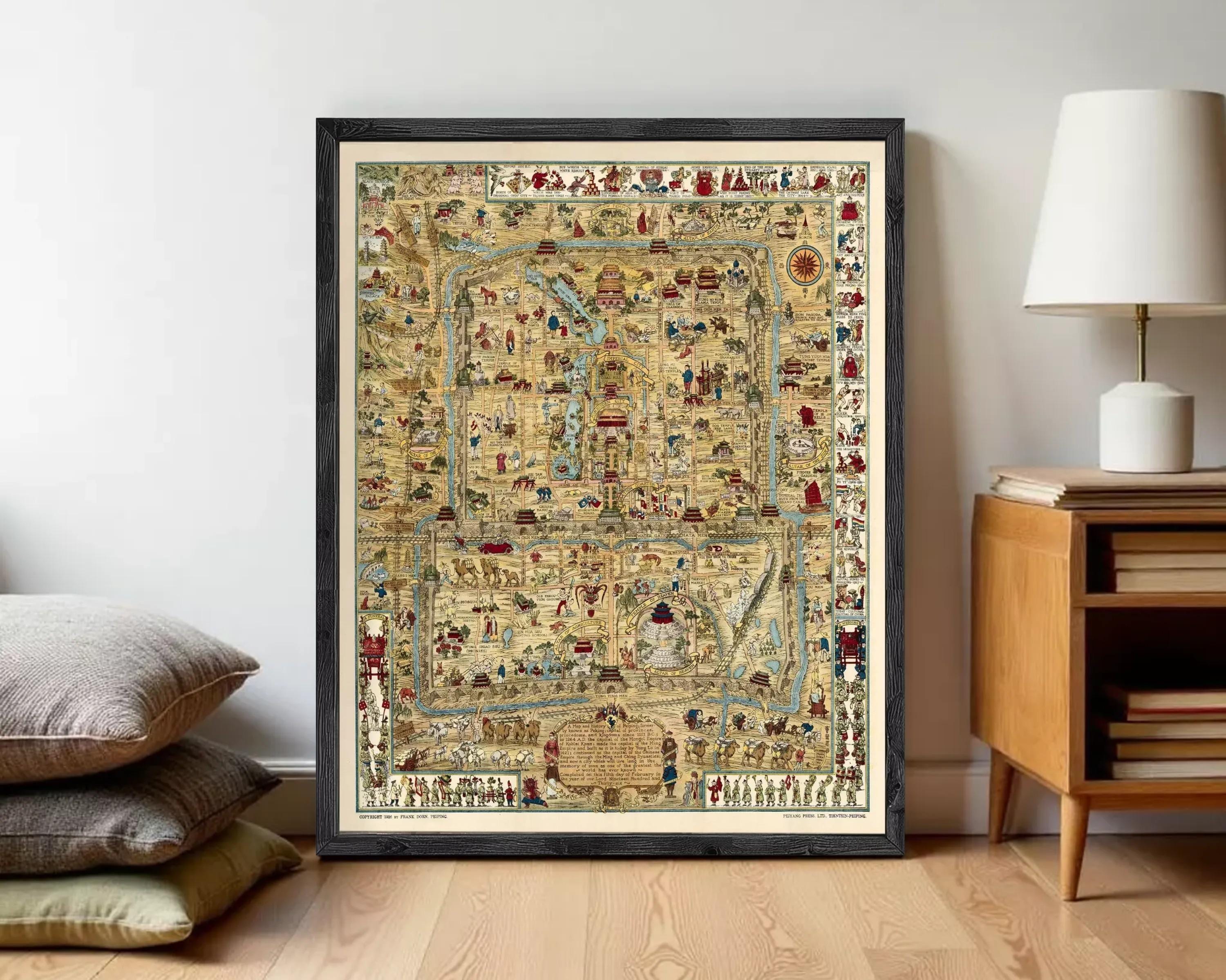 The image is a framed map with various illustrations and symbols, including people, animals, and landmarks, all depicted in a detailed and intricate manner.