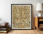 The image is a framed map with various illustrations and symbols, including people, animals, and landmarks, all depicted in a detailed and intricate manner.