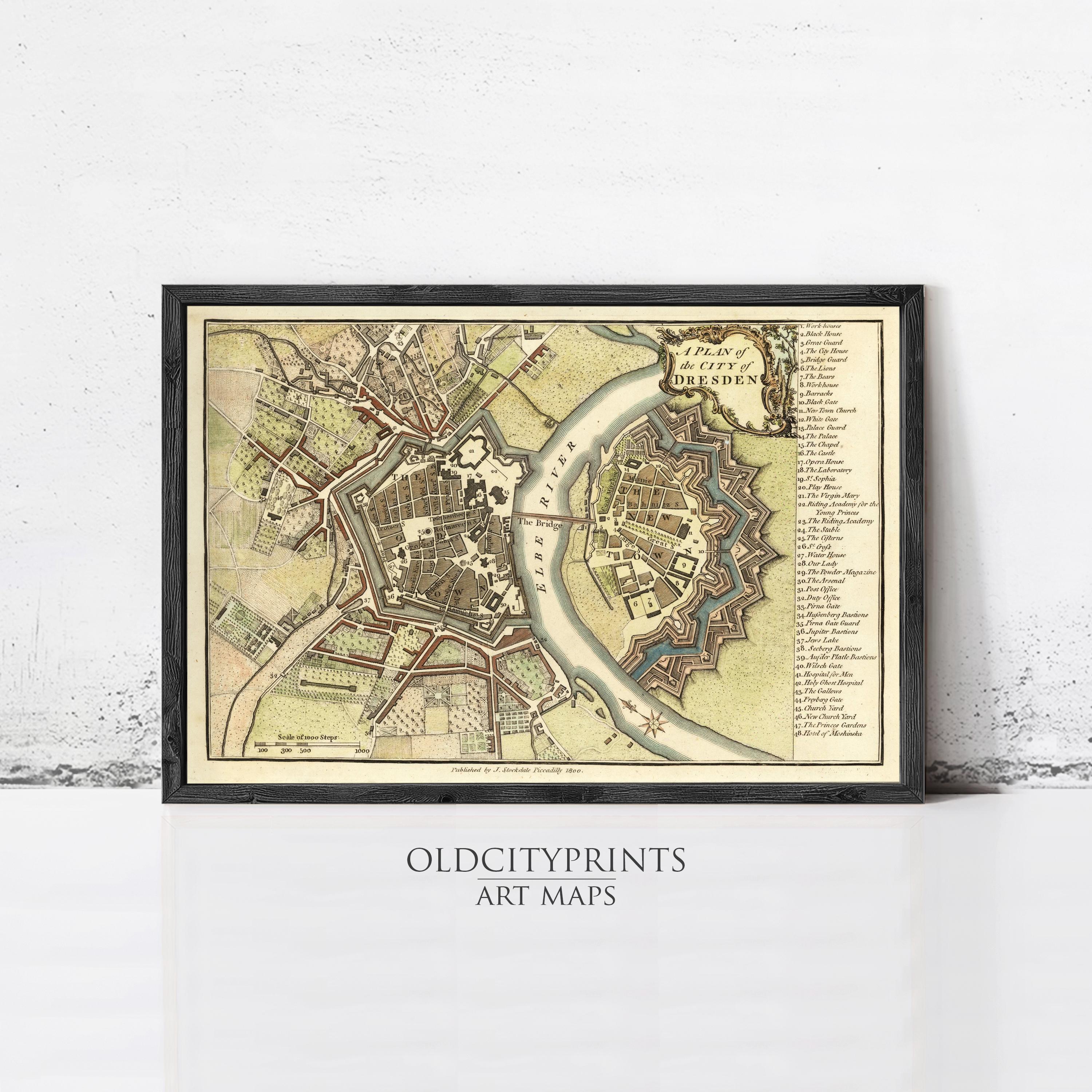 The image is a framed vintage map of Dresden, Germany, depicting the city's layout and surrounding areas.