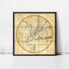 The image is a framed vintage map of the eastern United States and parts of Canada, depicting the region in a detailed and intricate manner.
