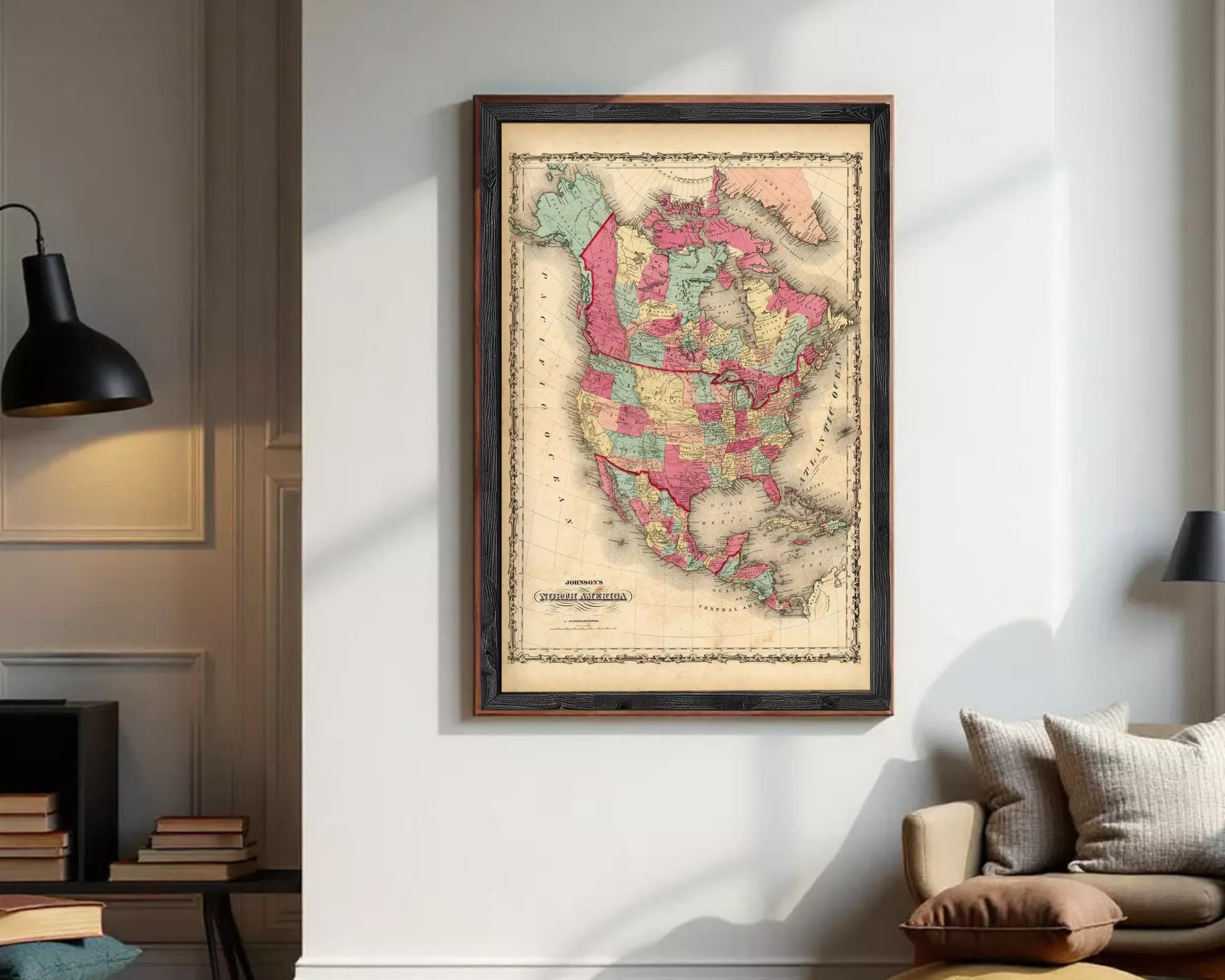 The image is a framed vintage map of North America, depicting the United States and Canada.