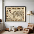 The image is a framed vintage map of the world, featuring intricate illustrations and detailed cartography.
