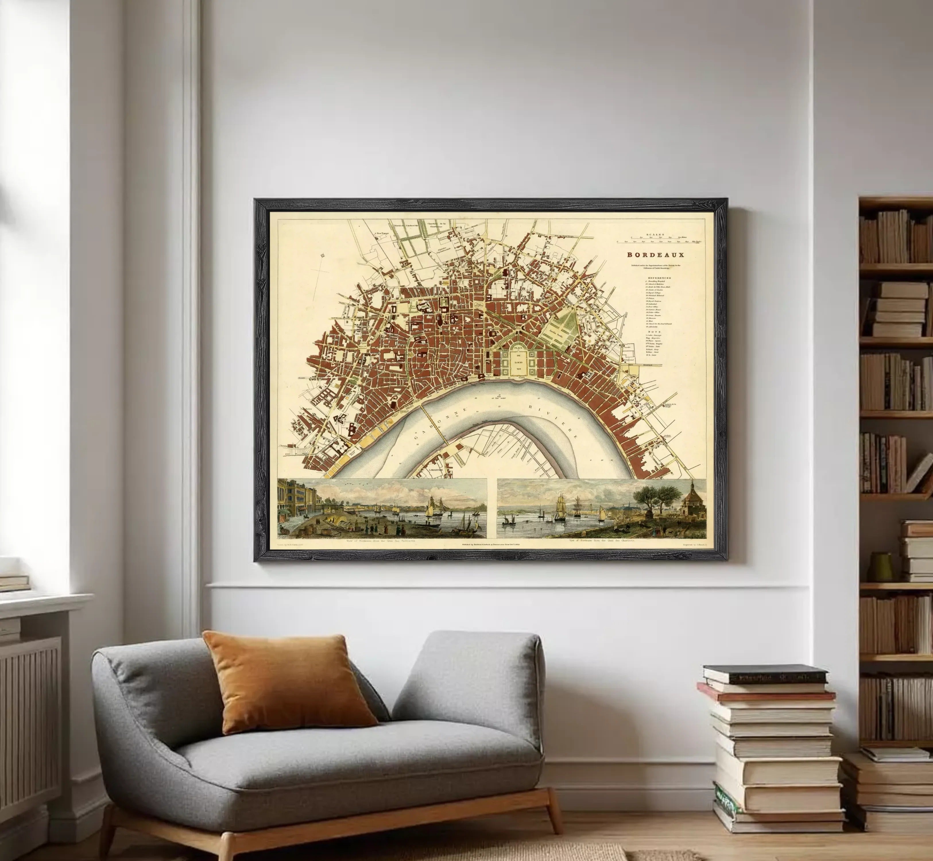The image is a framed vintage map of the city of Bordeaux, France, depicting the city's layout and surrounding areas.