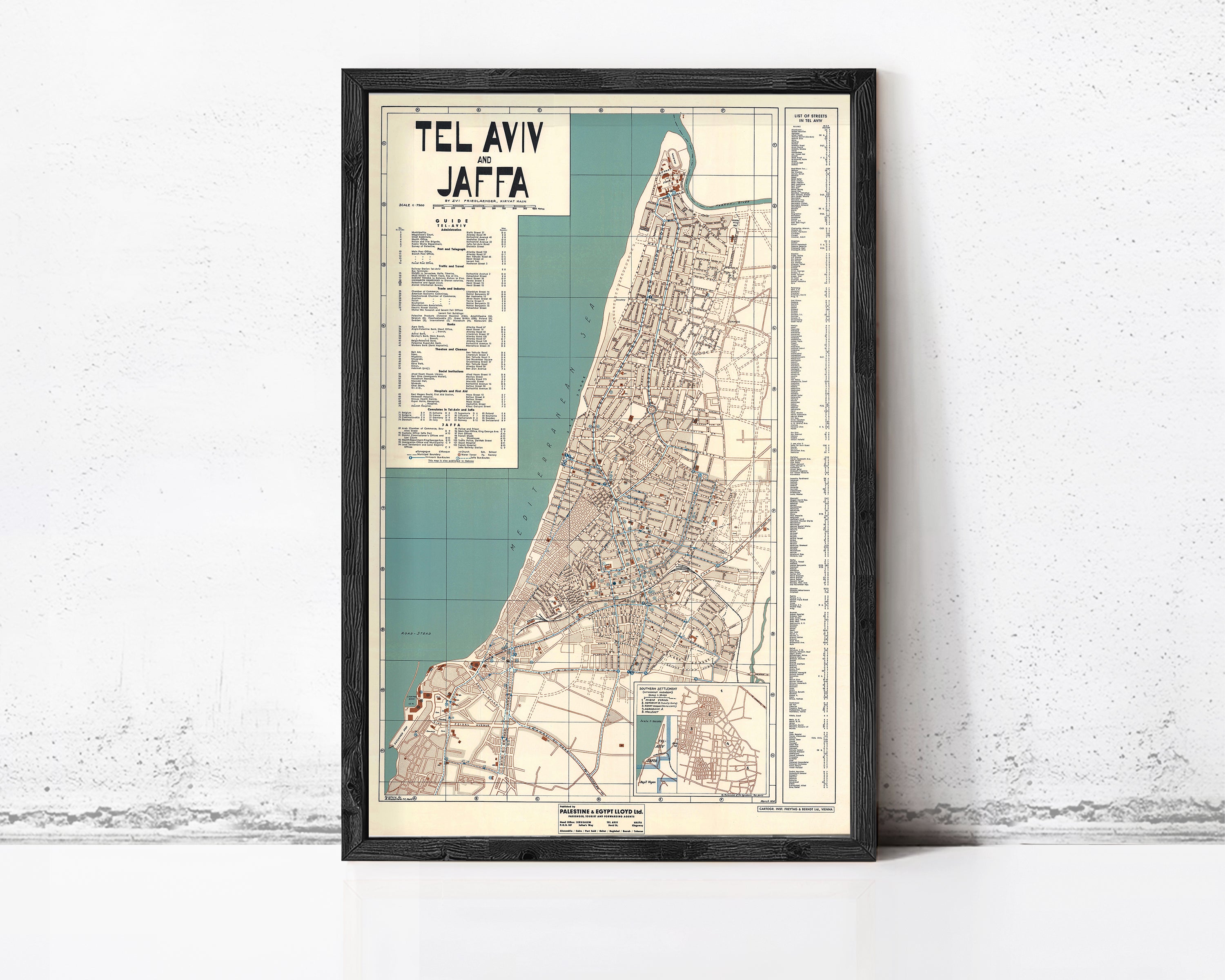 The image is a framed map of Tel Aviv, Jaffa, Israel, showing the city's streets, landmarks, and surrounding areas.