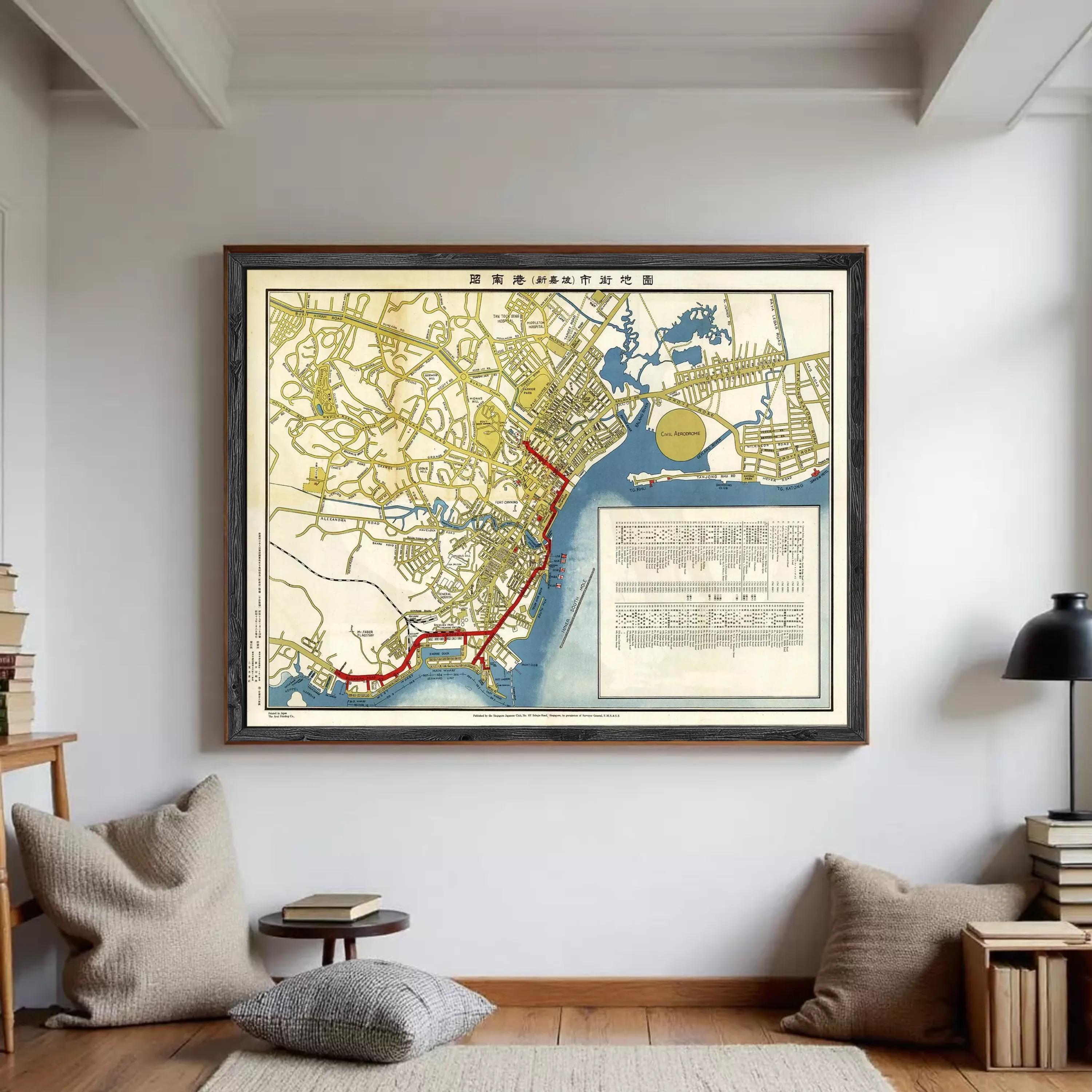 The image is a framed map of a city, likely New York, with various streets and landmarks depicted.