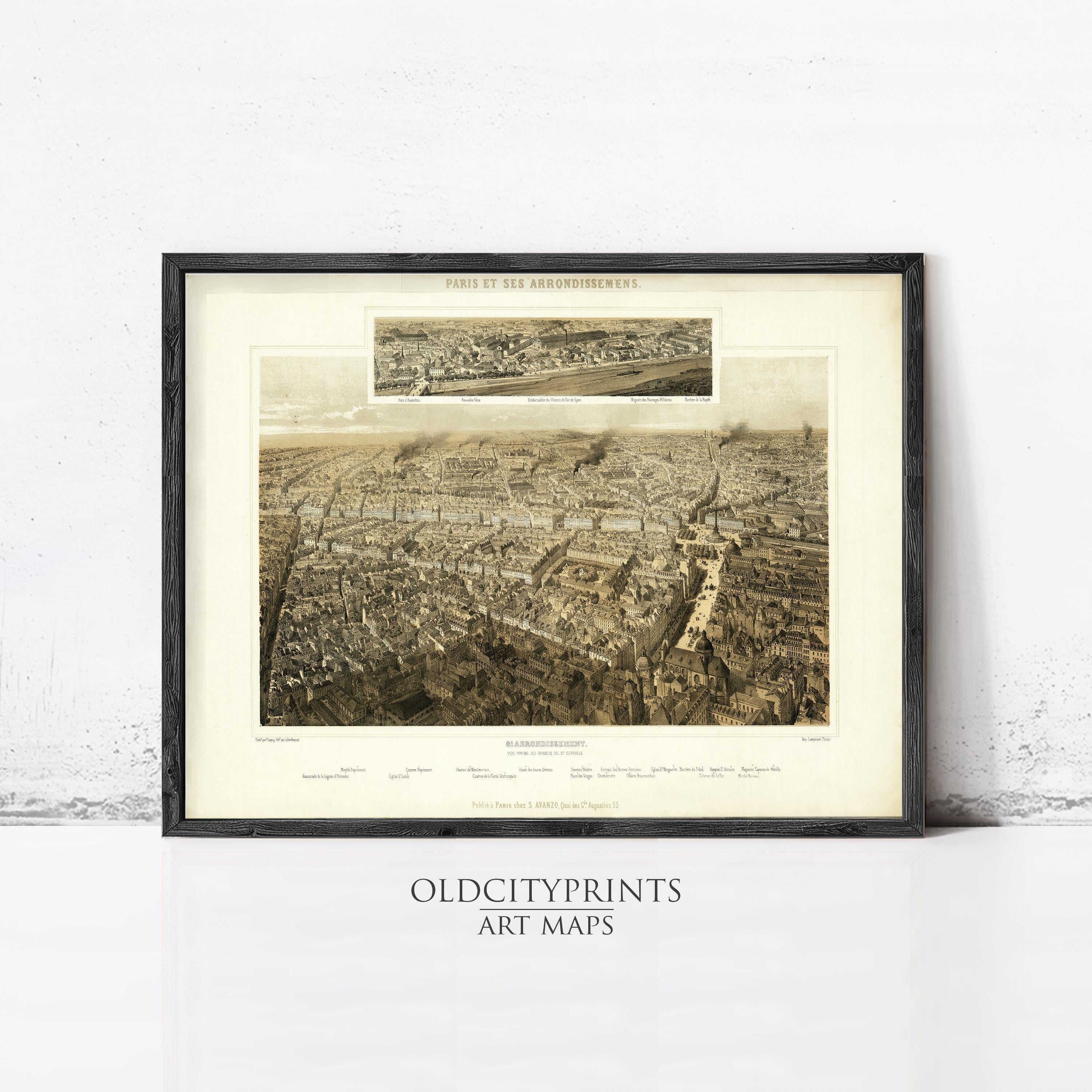 The image is a framed art print depicting a detailed aerial view of a city, likely Paris, France.