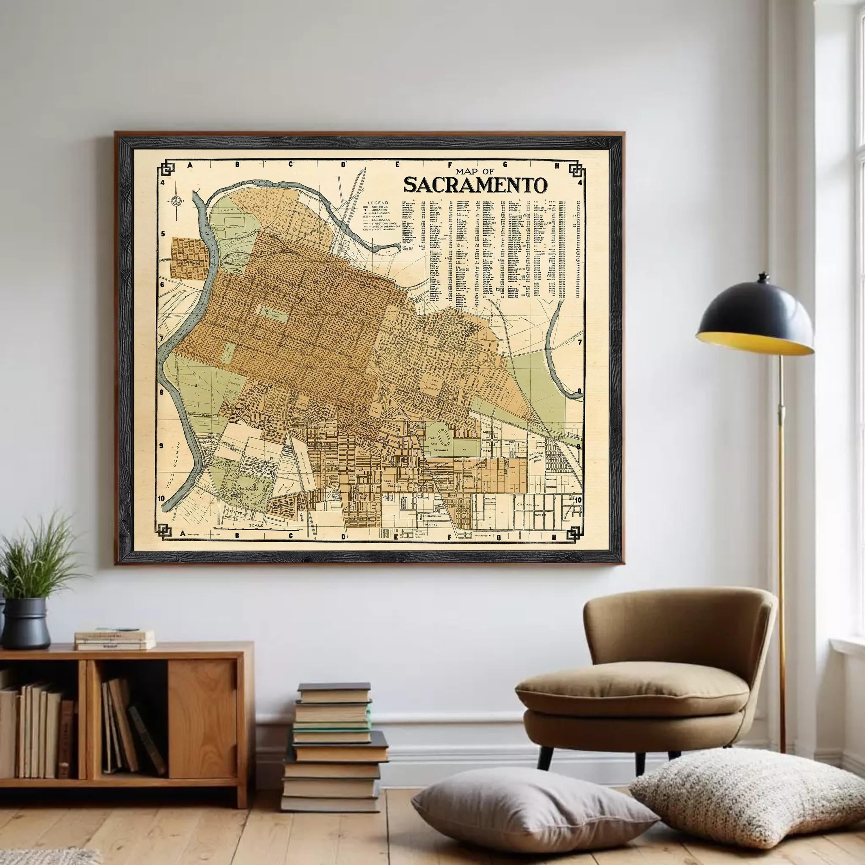 The image is a framed vintage map of Sacramento, California.