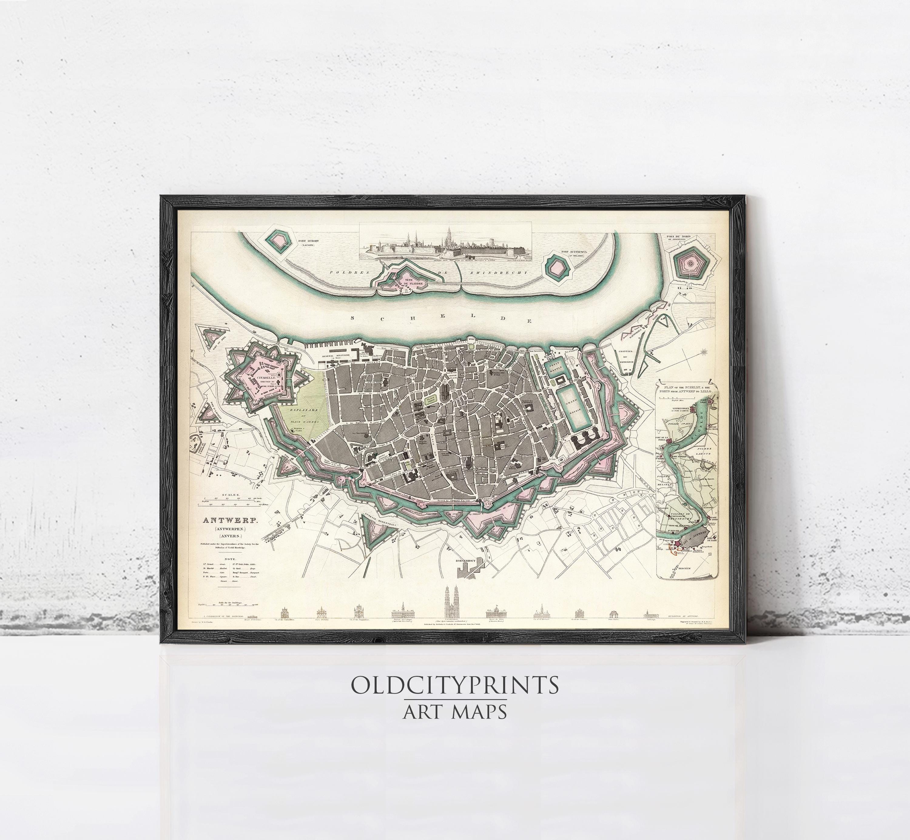 The image is a framed vintage map of Antwerp, Belgium, depicting the city's layout and surrounding areas.