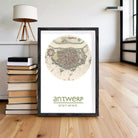 The image is a framed print of a map of Antwerp, Belgium, with the city's name and coordinates displayed.