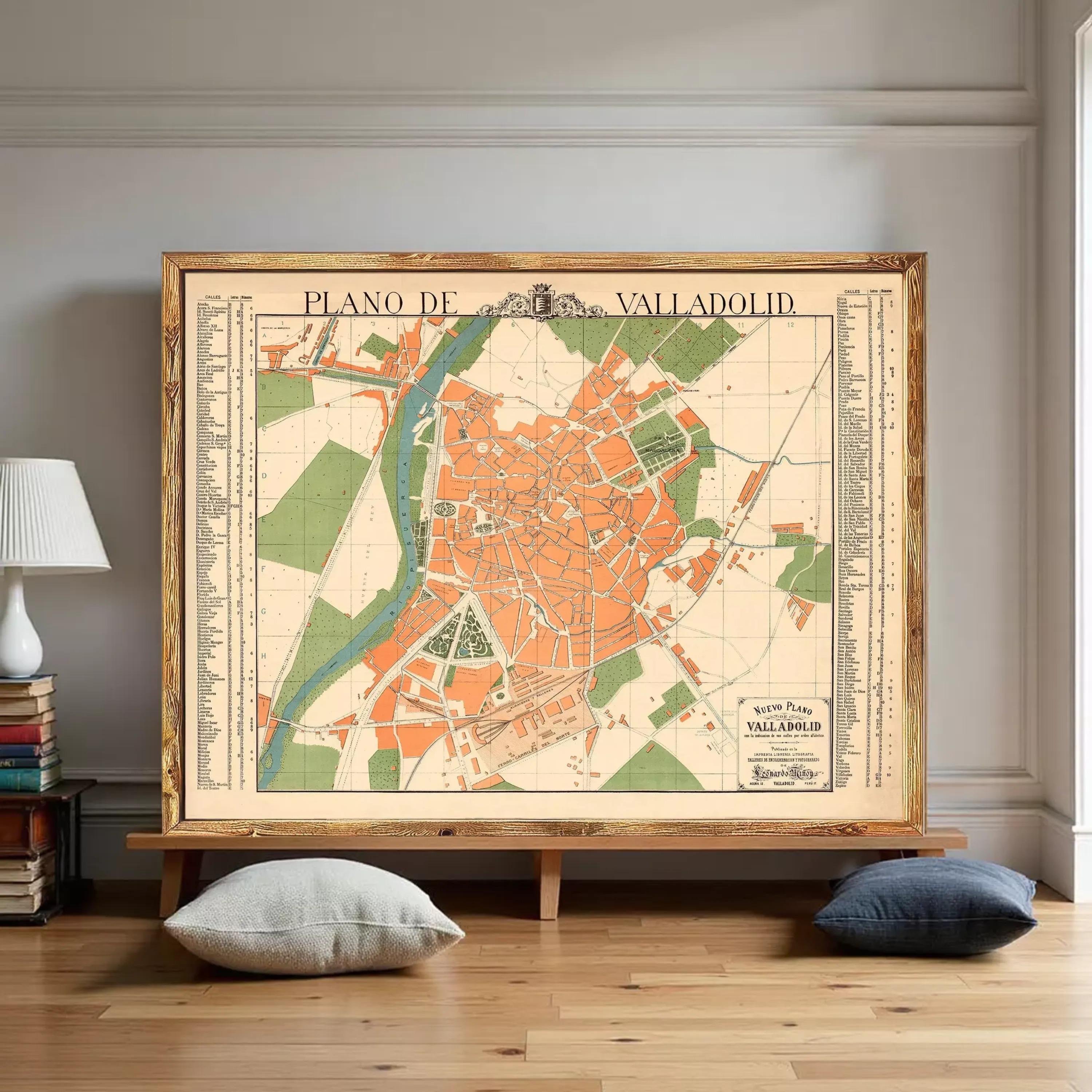 The image is a framed vintage map of Vallodol, showing the layout of the city and surrounding areas.