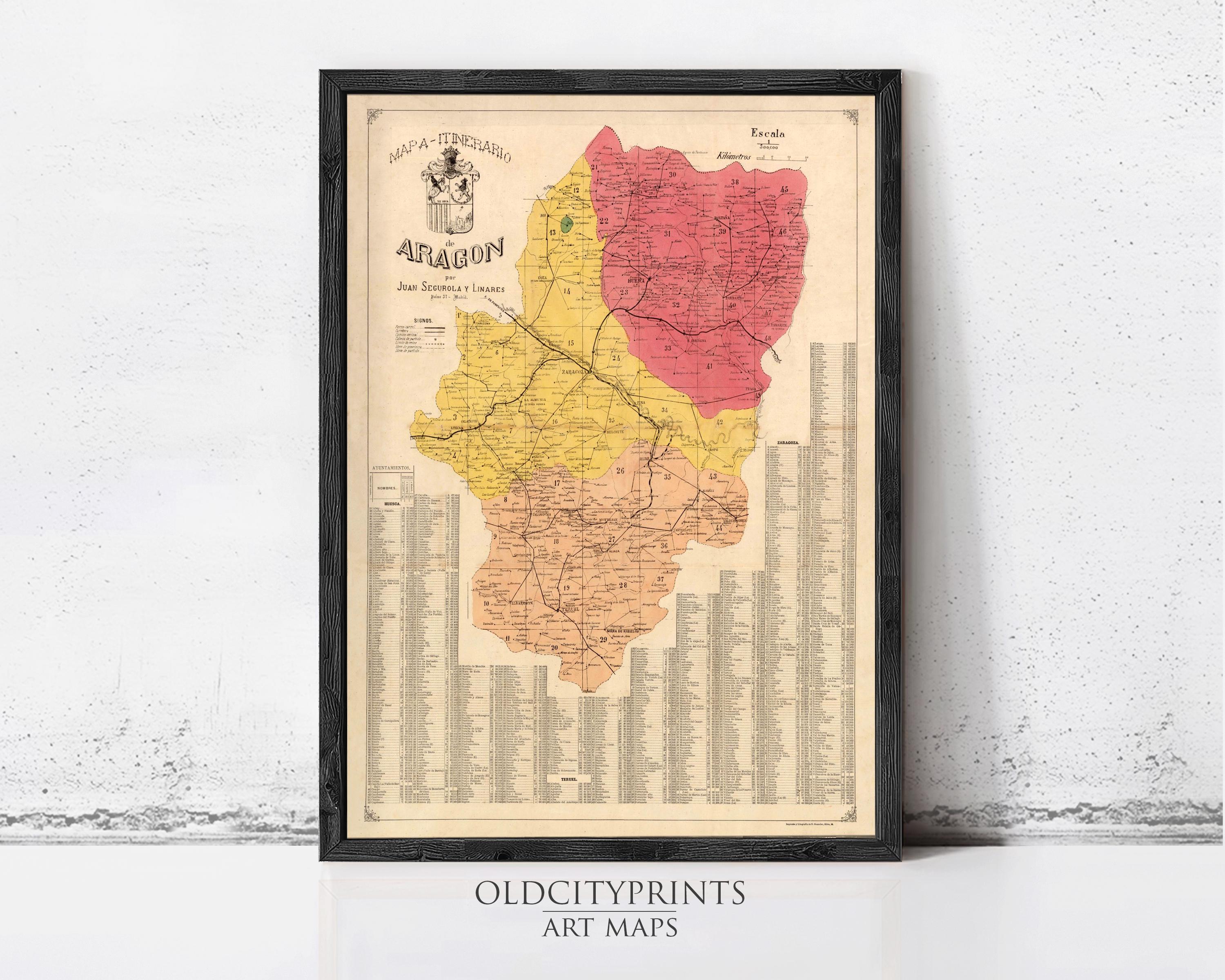 The image is a framed vintage map of the Spanish region, specifically the Spanish Armada, with a detailed color-coded map and a legend.