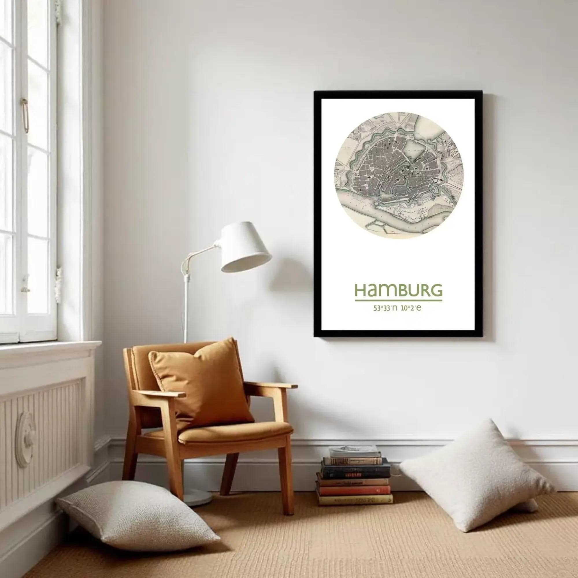 A framed map of Hamburg, Germany, with the text "HAMBURG 53.33° 10.2°" below the map.