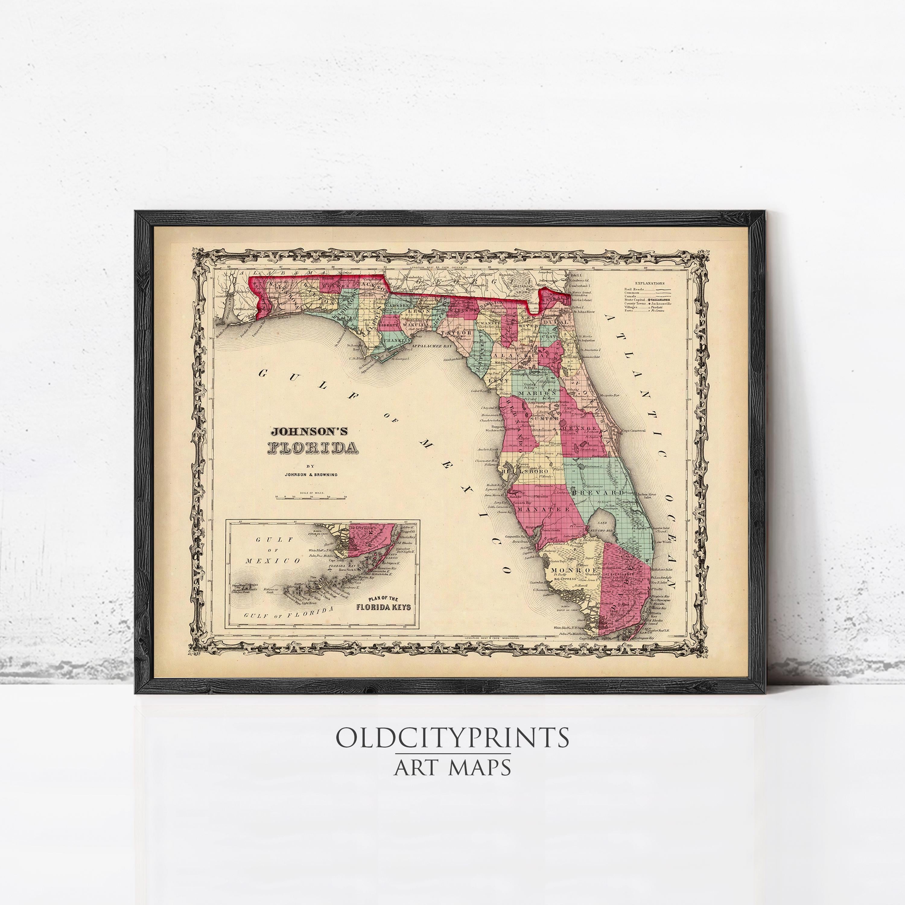 The image is a framed vintage map of Florida, depicting the state in a detailed and colorful manner.