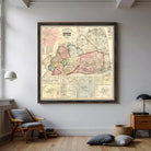 The image is a framed vintage map of New York, depicting the state in a detailed and colorful manner.