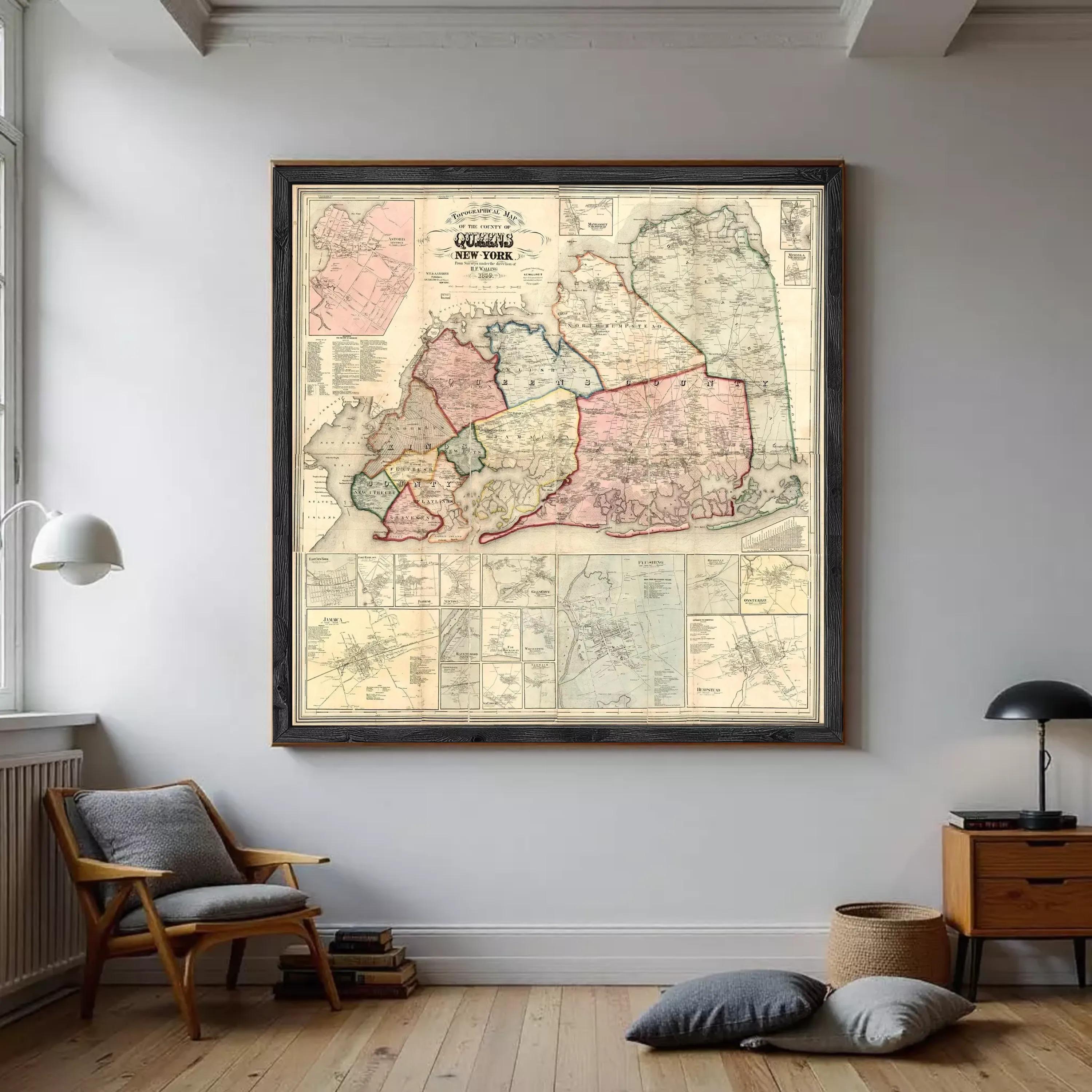 The image is a framed vintage map of New York, depicting the state in a detailed and colorful manner.