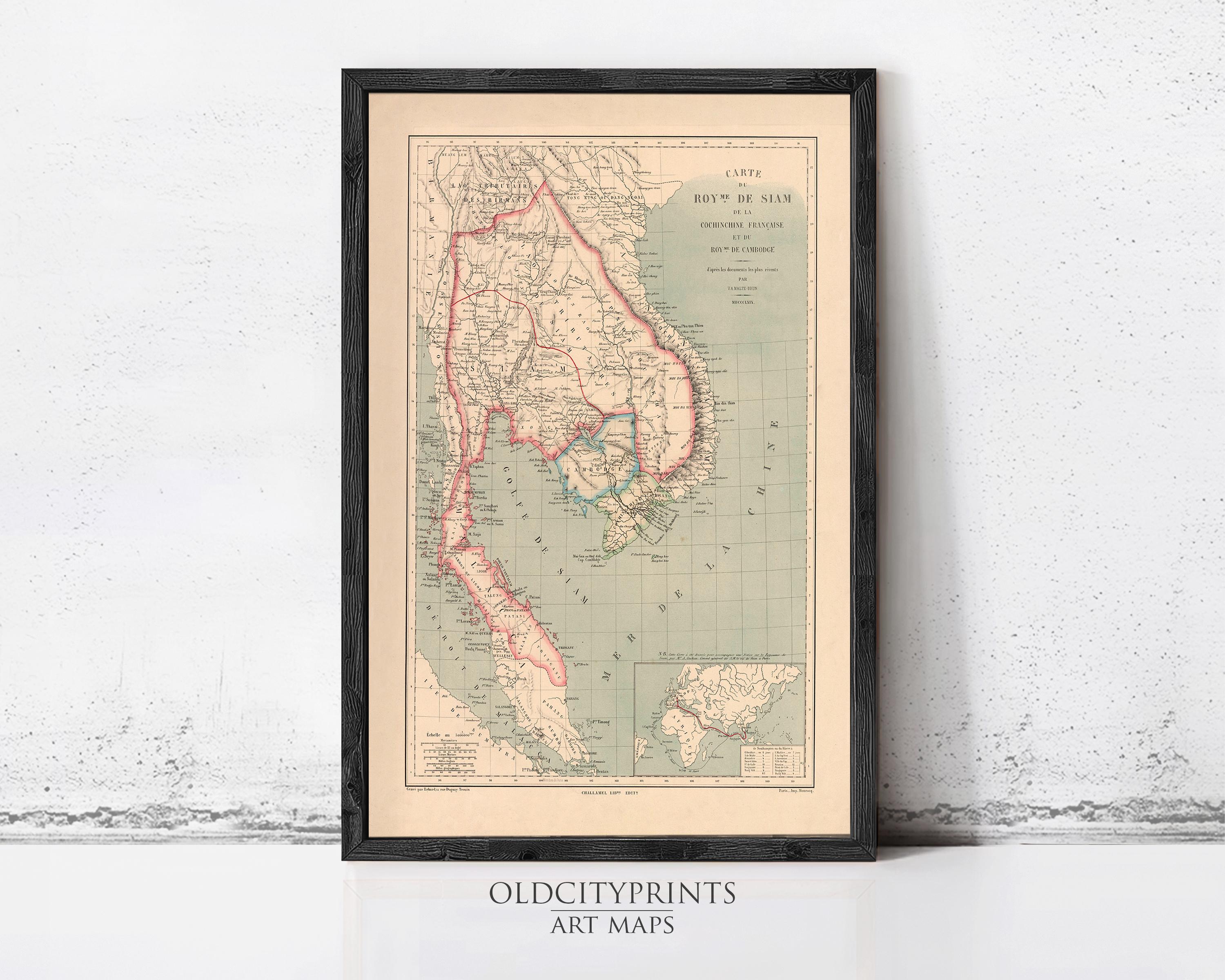 The image is a framed vintage map of Southeast Asia, depicting the countries and regions of the region.
