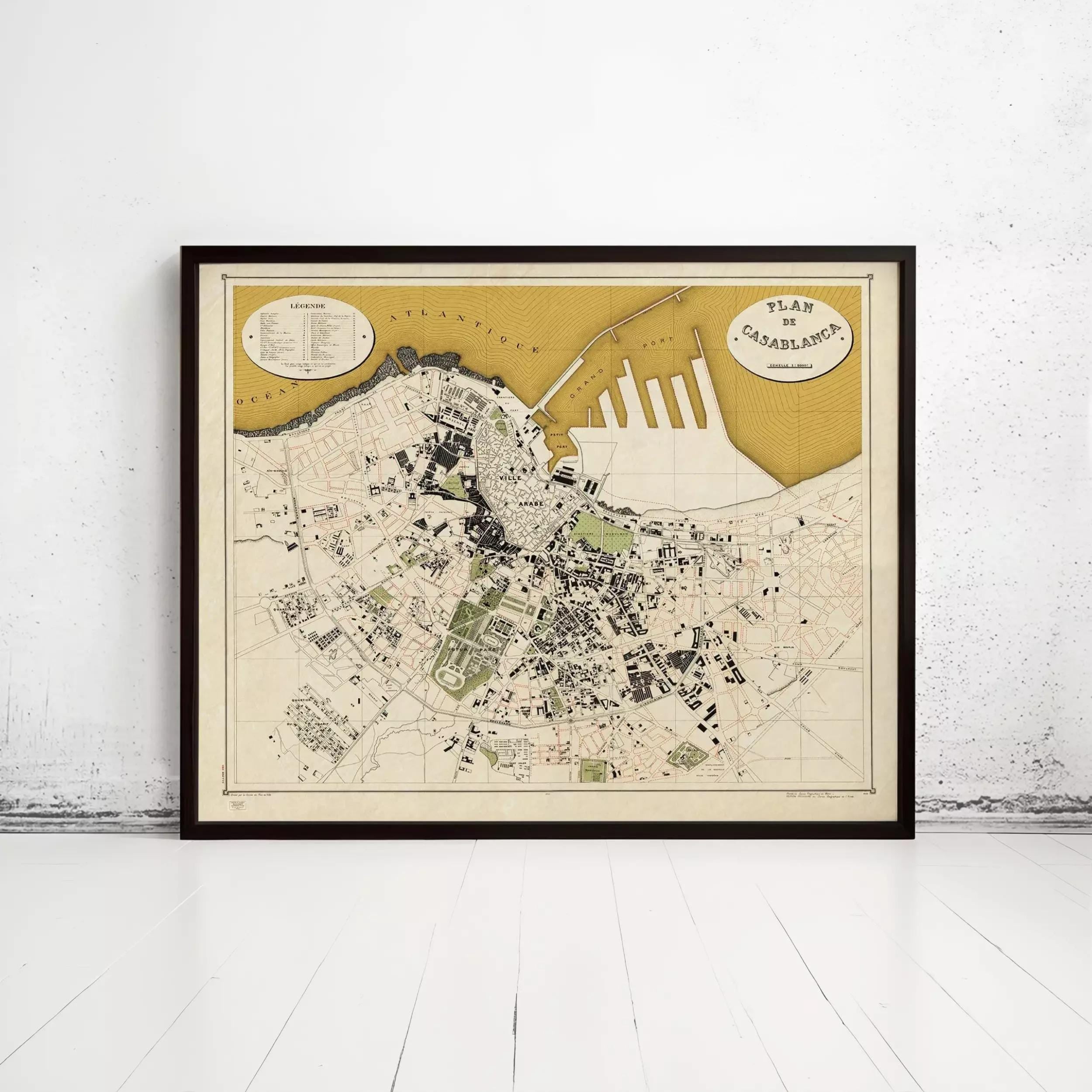 The image is a framed map of Casablanca, Morocco, showing the city's layout and surrounding areas.