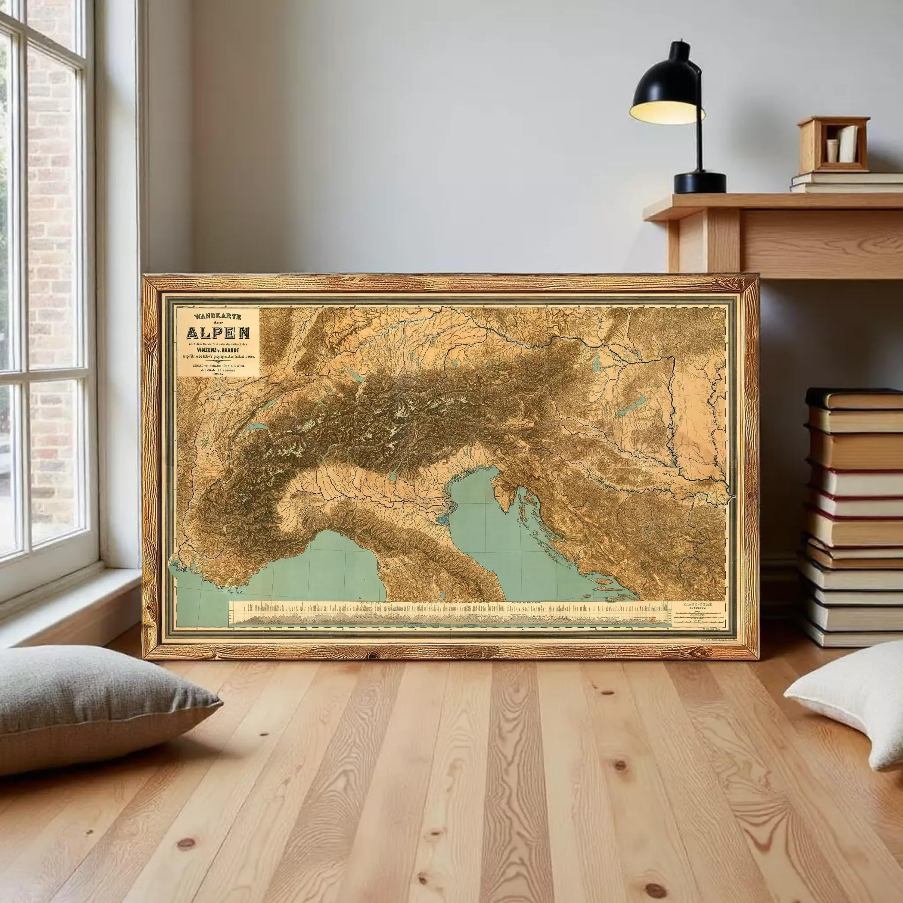 The image is a framed map of the Alps, a mountain range in Europe.
